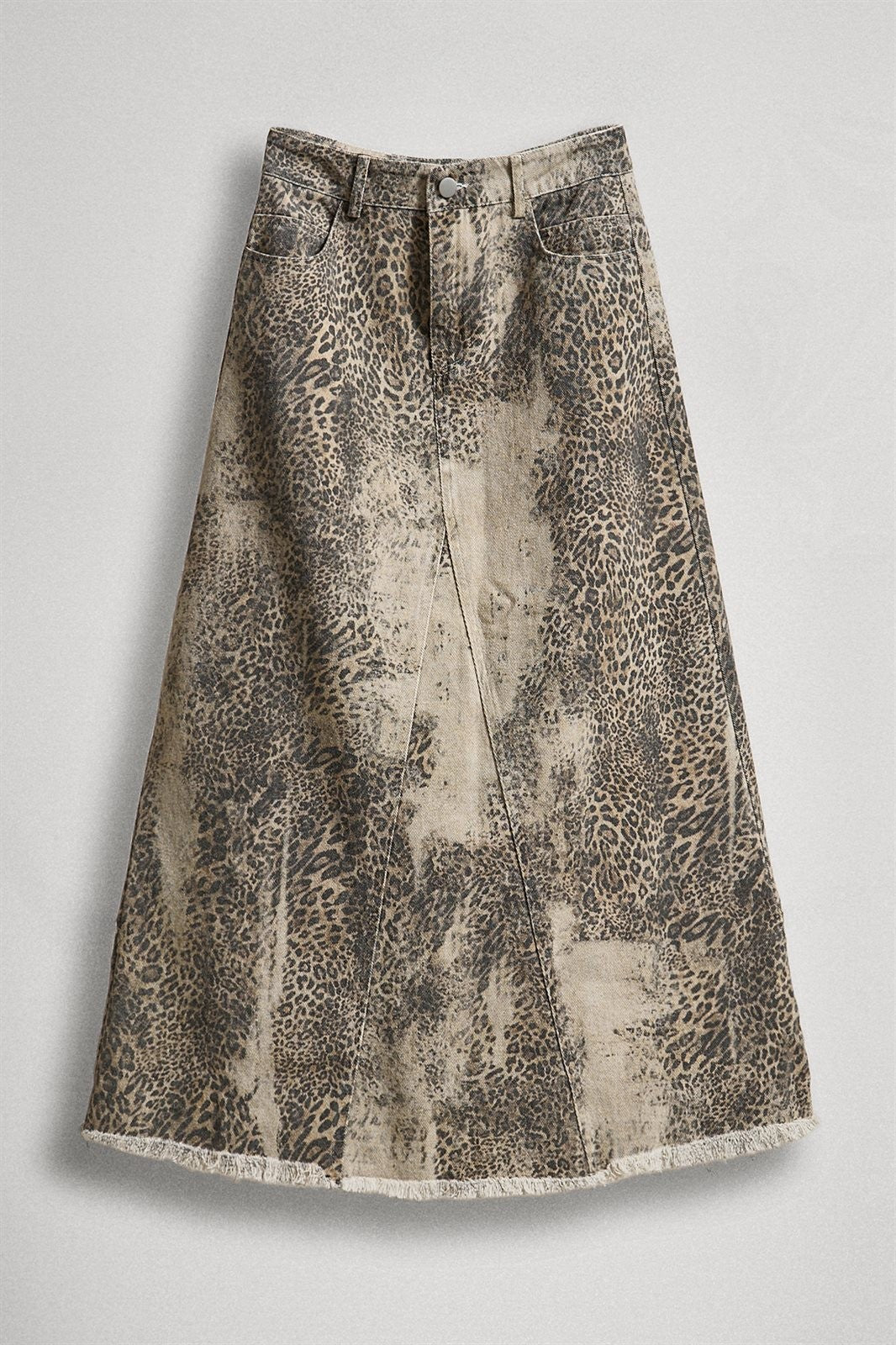 Leopard Denim Maxi Skirt with Frayed Hem in Leopard - Women's Skirts | Urban Daizy