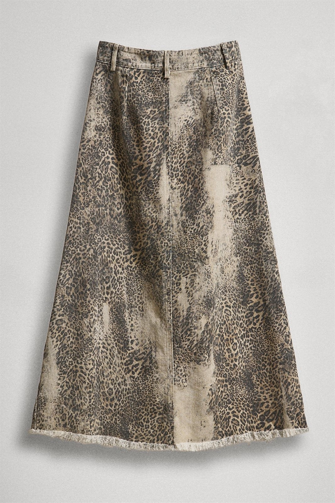 Leopard Denim Maxi Skirt with Frayed Hem in Leopard - Women's Skirts | Urban Daizy