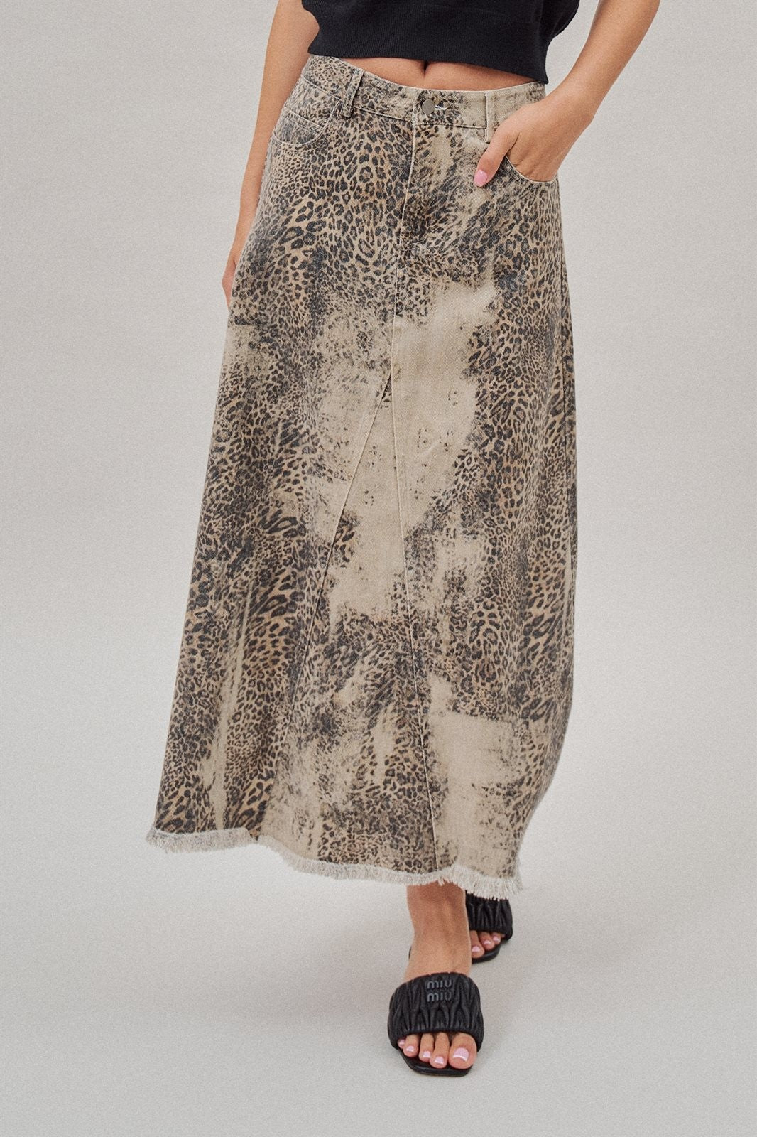 Leopard Denim Maxi Skirt with Frayed Hem in Leopard - Women's Skirts | Urban Daizy