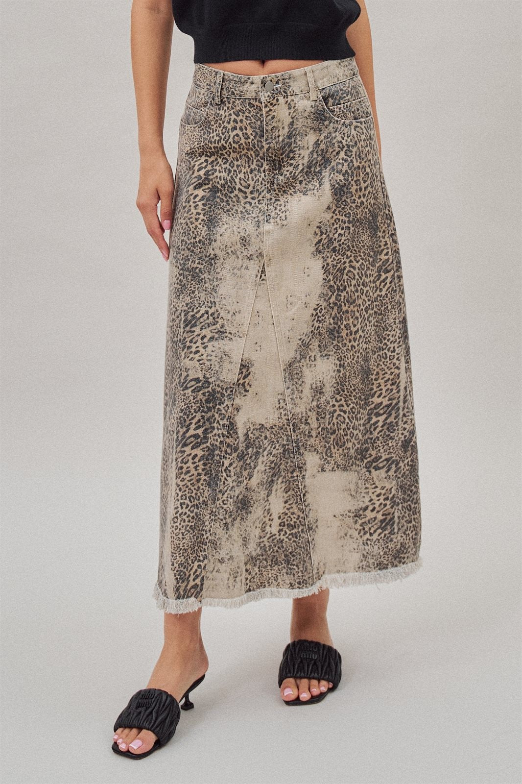 Leopard Denim Maxi Skirt with Frayed Hem in Leopard - Women's Skirts | Urban Daizy