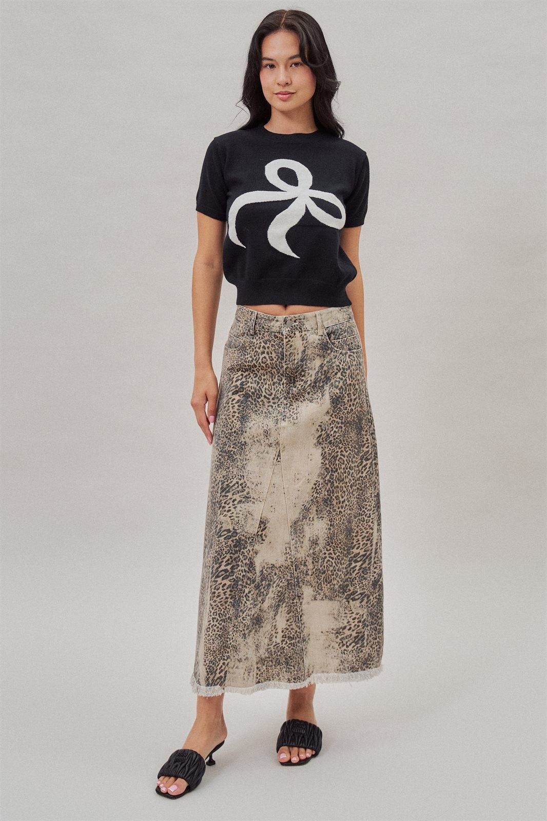 Leopard Denim Maxi Skirt with Frayed Hem in Leopard - Women's Skirts | Urban Daizy