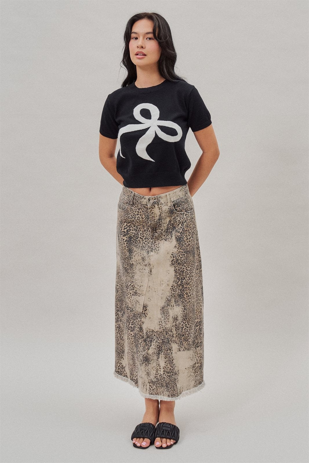 Leopard Denim Maxi Skirt with Frayed Hem in Leopard - Women's Skirts | Urban Daizy