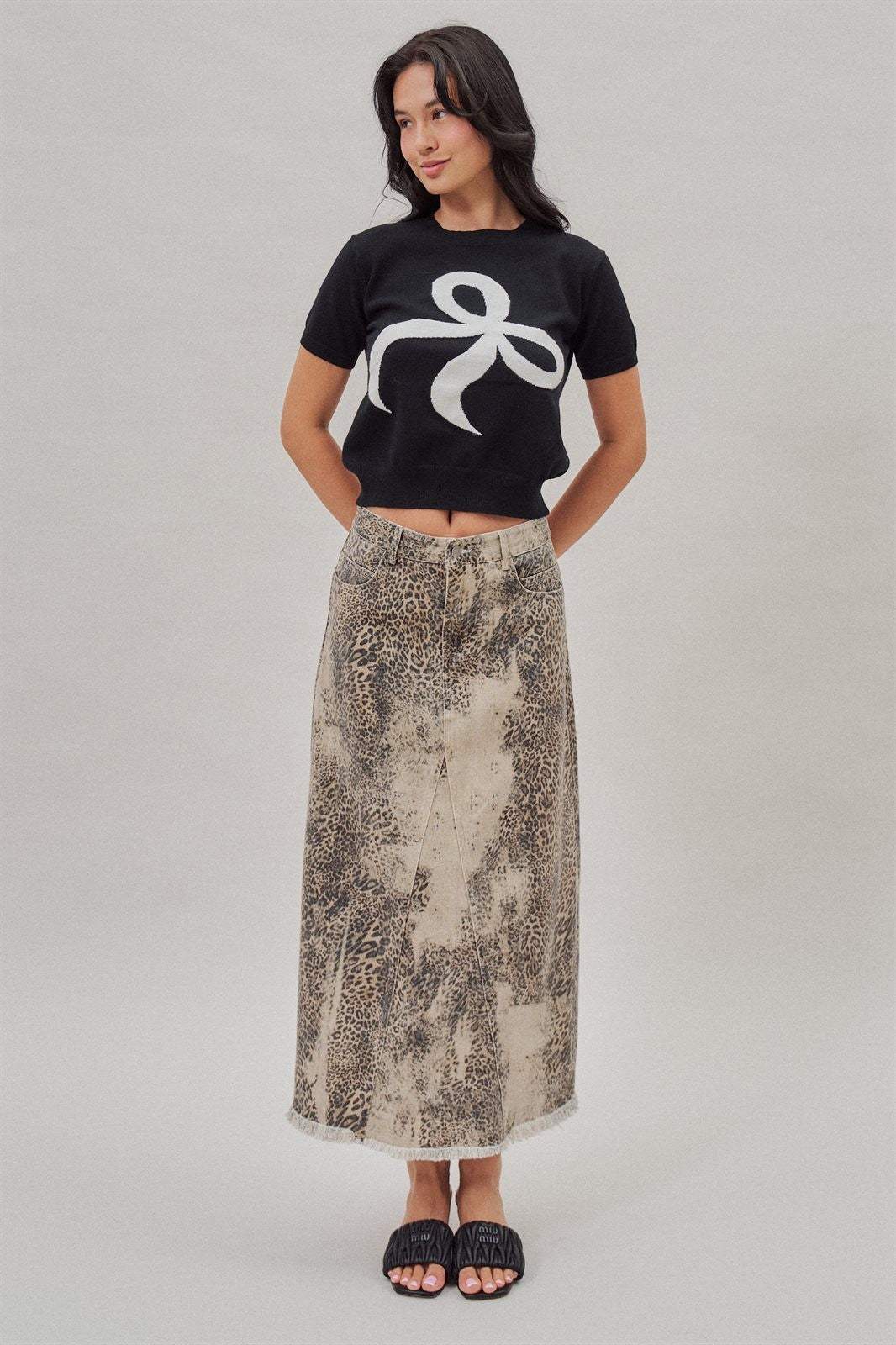 Leopard Denim Maxi Skirt with Frayed Hem in Leopard - Women's Skirts | Urban Daizy