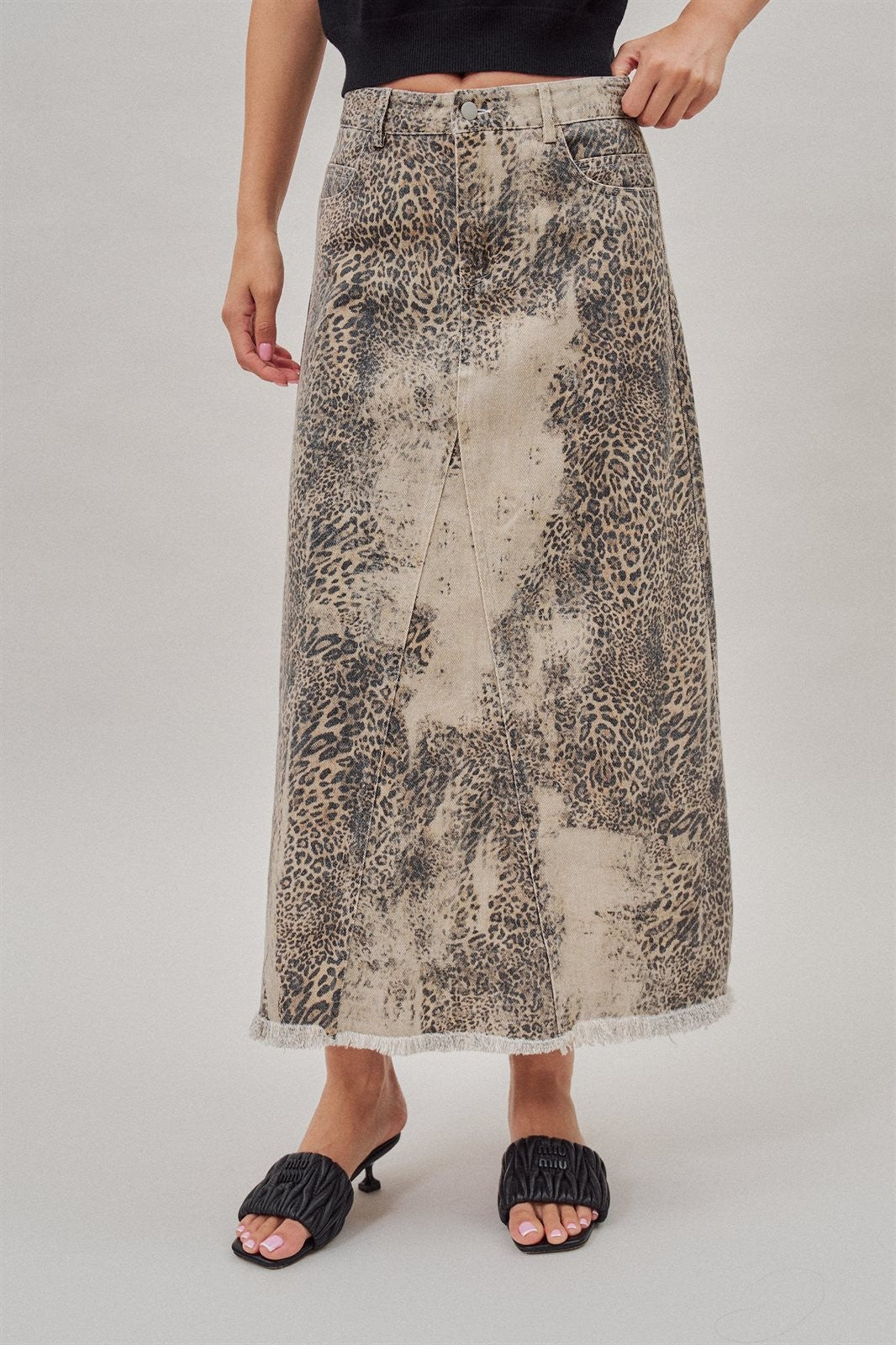 Leopard Denim Maxi Skirt with Frayed Hem in Leopard - Women's Skirts | Urban Daizy