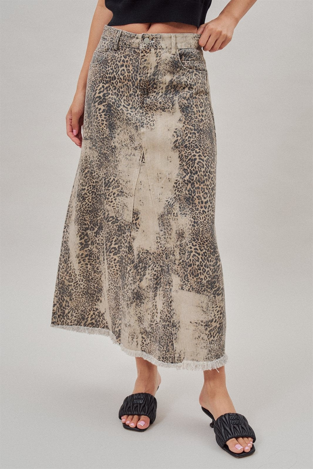 Leopard Denim Maxi Skirt with Frayed Hem in Leopard - Women's Skirts | Urban Daizy