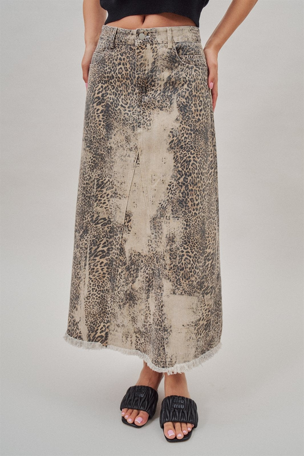 Leopard Denim Maxi Skirt with Frayed Hem in Leopard - Women's Skirts | Urban Daizy