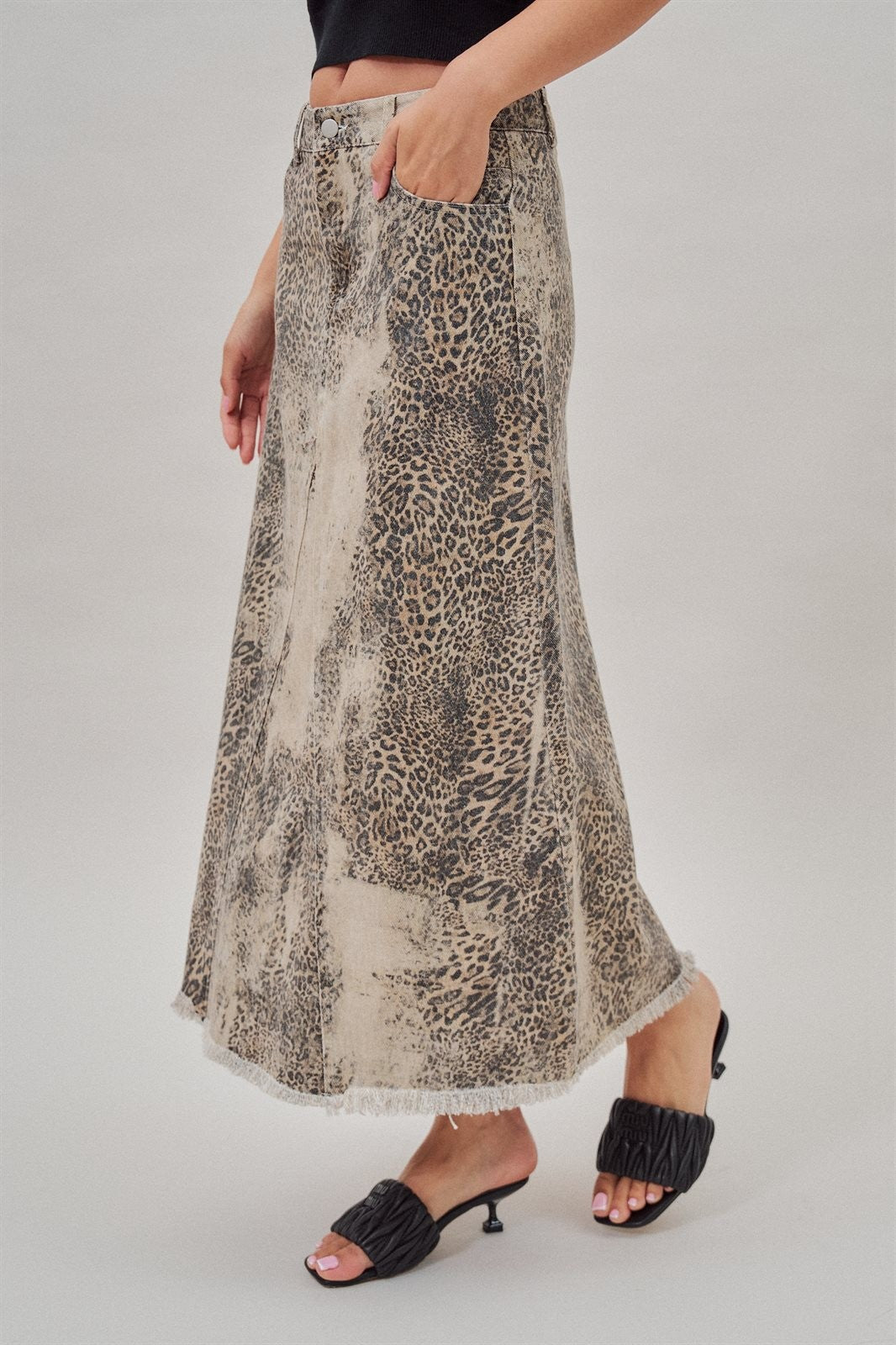 Leopard Denim Maxi Skirt with Frayed Hem in Leopard - Women's Skirts | Urban Daizy