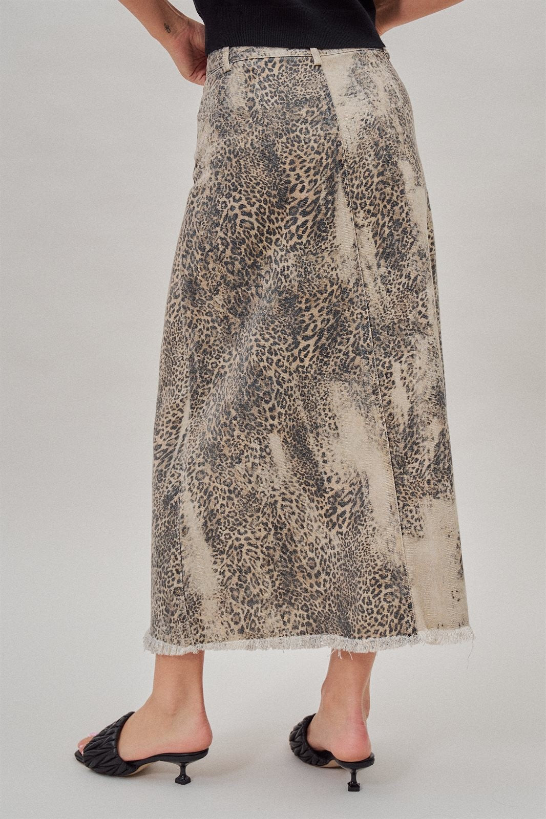 Leopard Denim Maxi Skirt with Frayed Hem in Leopard - Women's Skirts | Urban Daizy