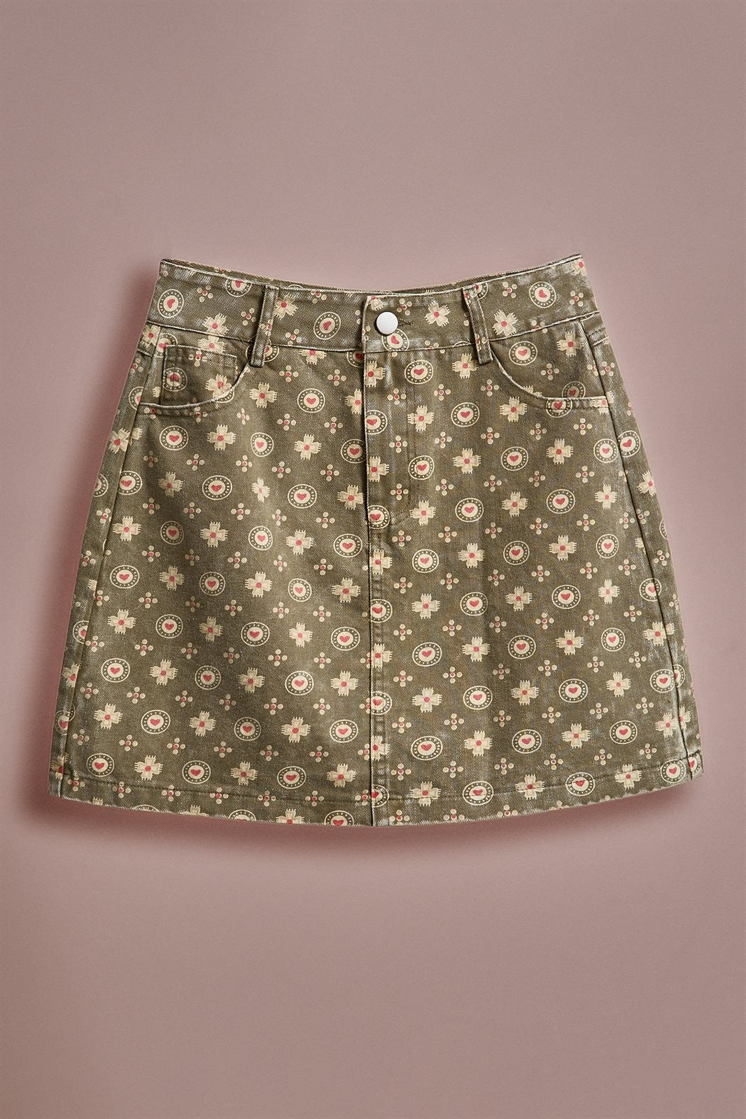 Folk Heart Print Vintage Denim Mini Skirt in Olive Green - Women's Skirts | Urban Daizy
