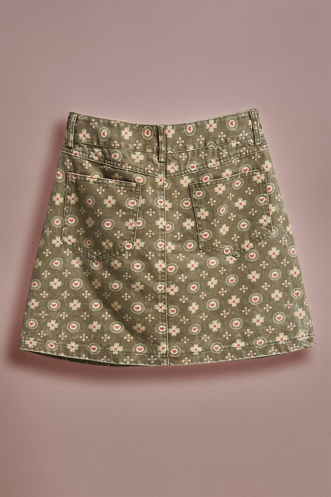 Folk Heart Print Vintage Denim Mini Skirt in Olive Green - Women's Skirts | Urban Daizy
