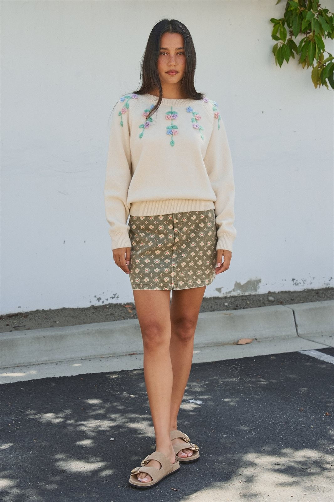 Folk Heart Print Vintage Denim Mini Skirt in Olive Green - Women's Skirts | Urban Daizy