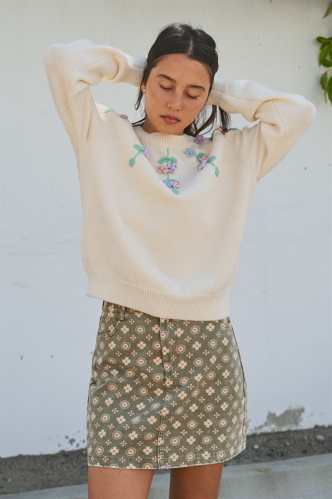 Folk Heart Print Vintage Denim Mini Skirt in Olive Green - Women's Skirts | Urban Daizy