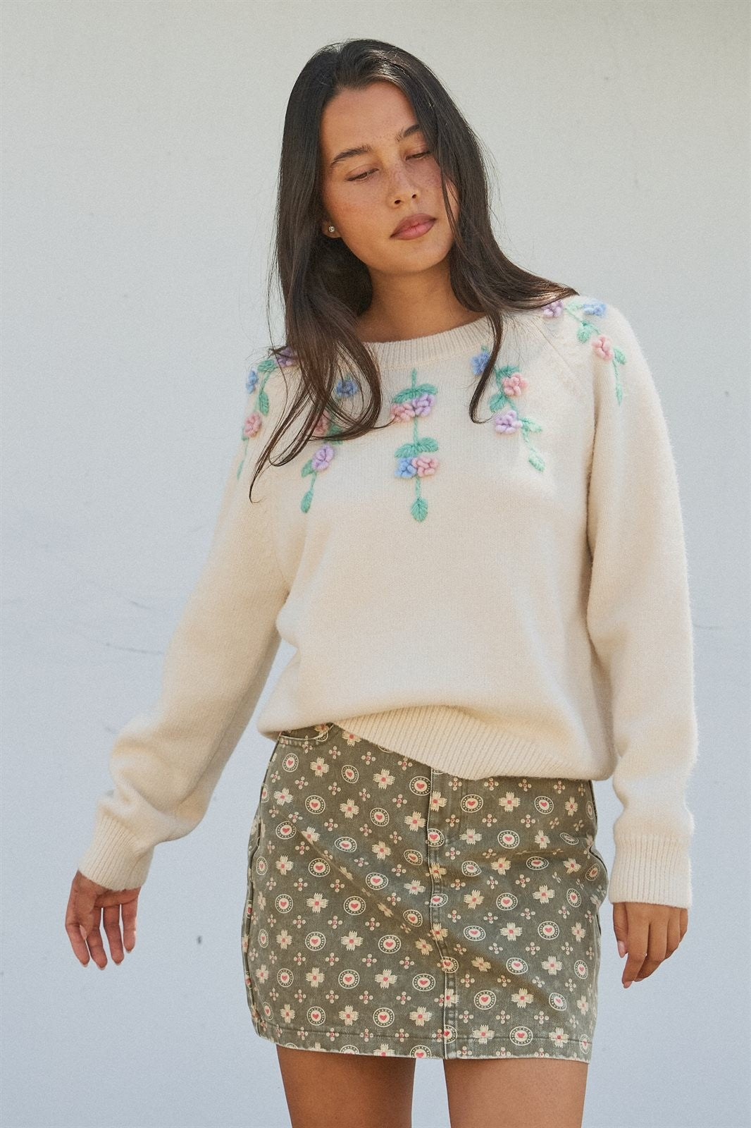 Folk Heart Print Vintage Denim Mini Skirt in Olive Green - Women's Skirts | Urban Daizy