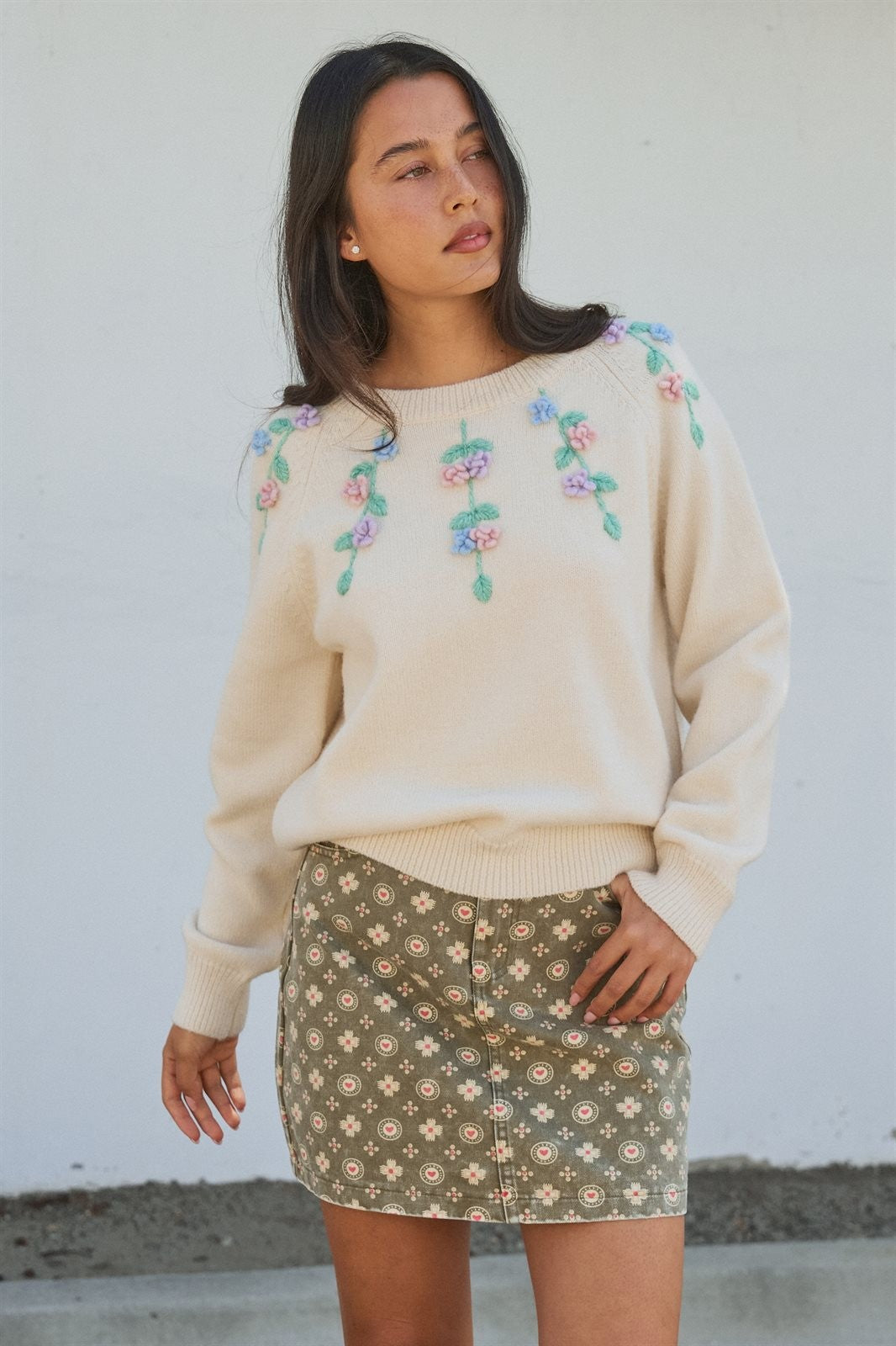 Folk Heart Print Vintage Denim Mini Skirt in Olive Green - Women's Skirts | Urban Daizy