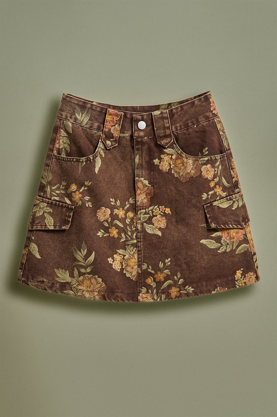 Vintage Floral Cotton Denim Cargo Mini Skirt in Brown - Women's Skirts | Urban Daizy