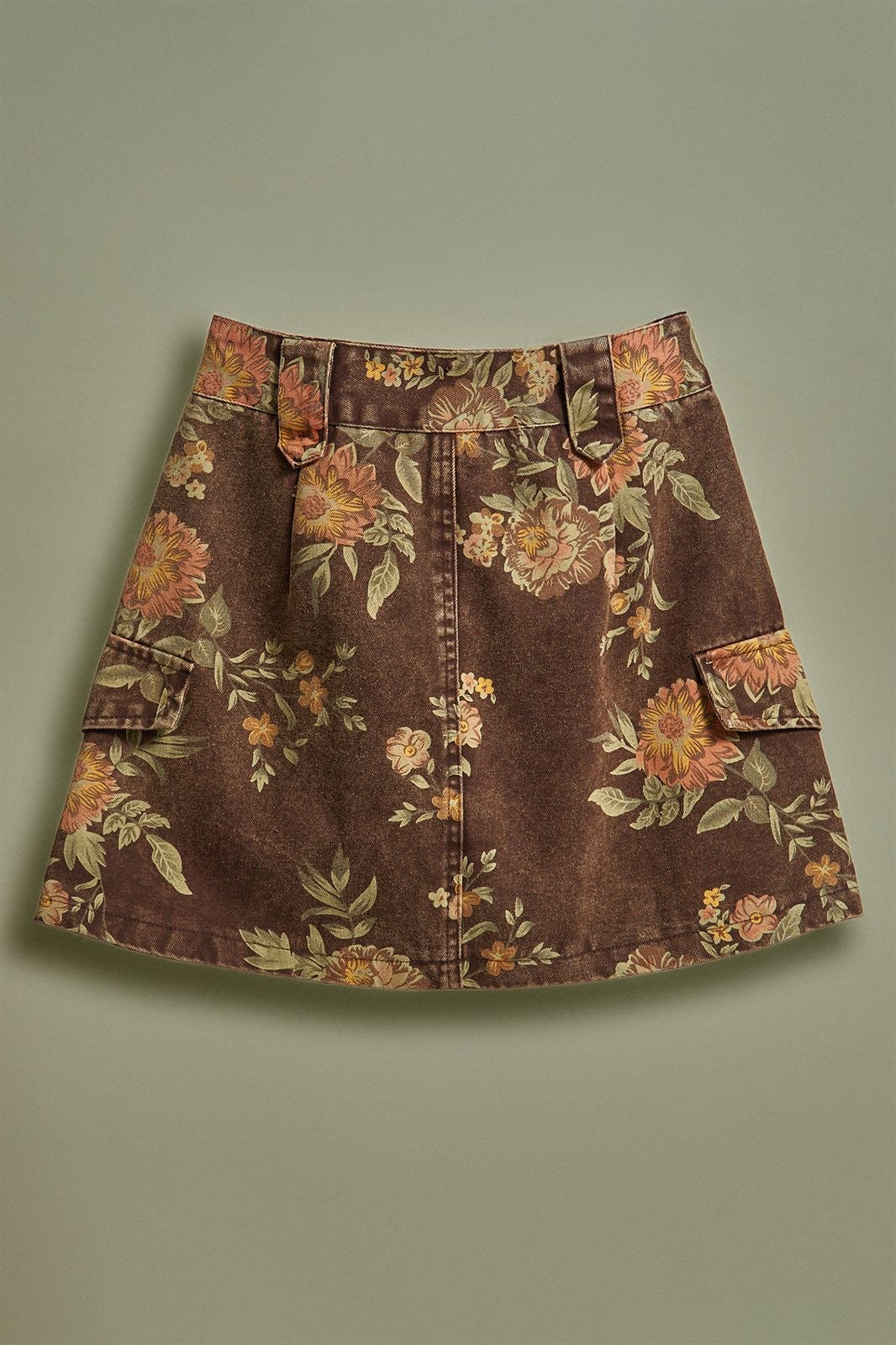 Vintage Floral Cotton Denim Cargo Mini Skirt in Brown - Women's Skirts | Urban Daizy