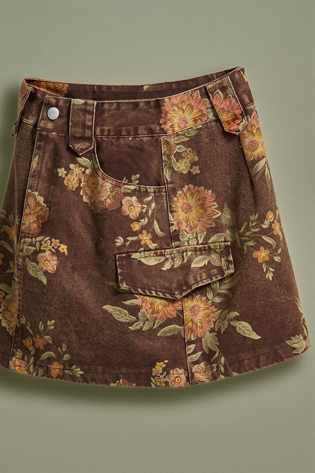 Vintage Floral Cotton Denim Cargo Mini Skirt in Brown - Women's Skirts | Urban Daizy