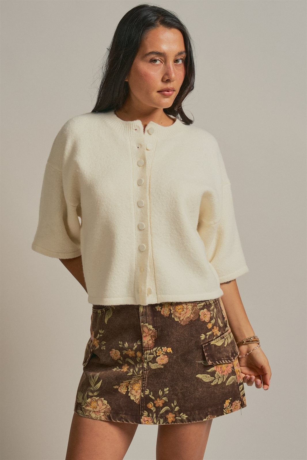 Vintage Floral Cotton Denim Cargo Mini Skirt in Brown - Women's Skirts | Urban Daizy