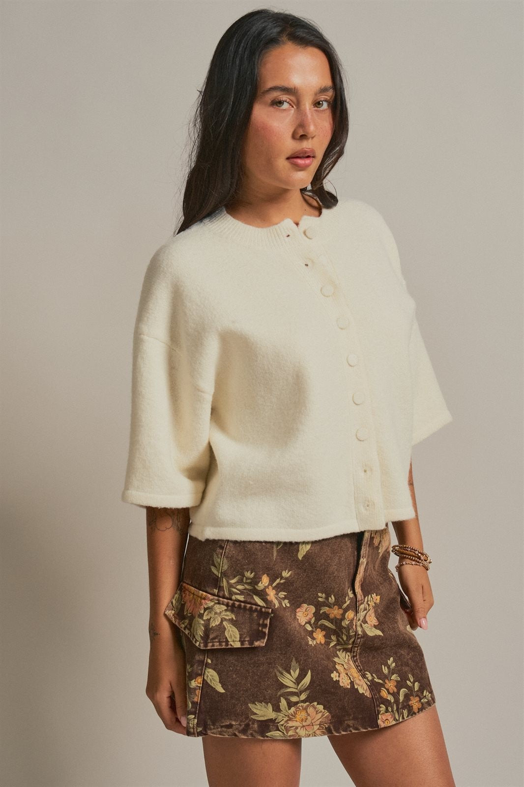 Vintage Floral Cotton Denim Cargo Mini Skirt in Brown - Women's Skirts | Urban Daizy