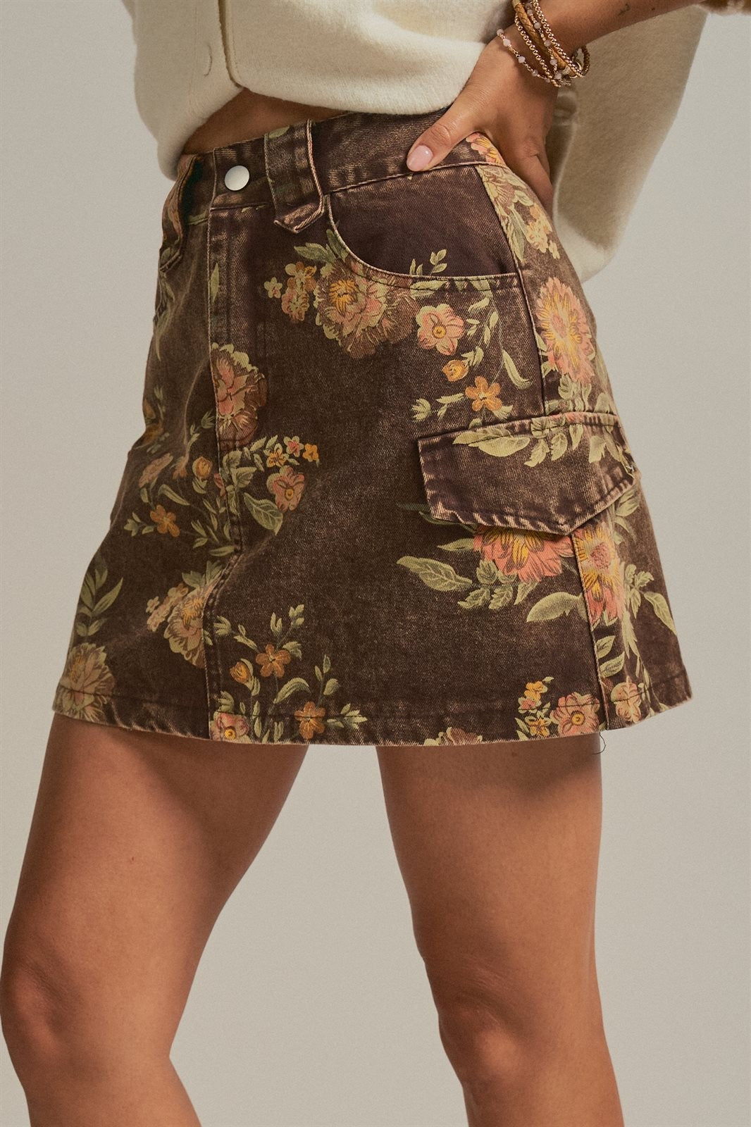 Vintage Floral Cotton Denim Cargo Mini Skirt in Brown - Women's Skirts | Urban Daizy