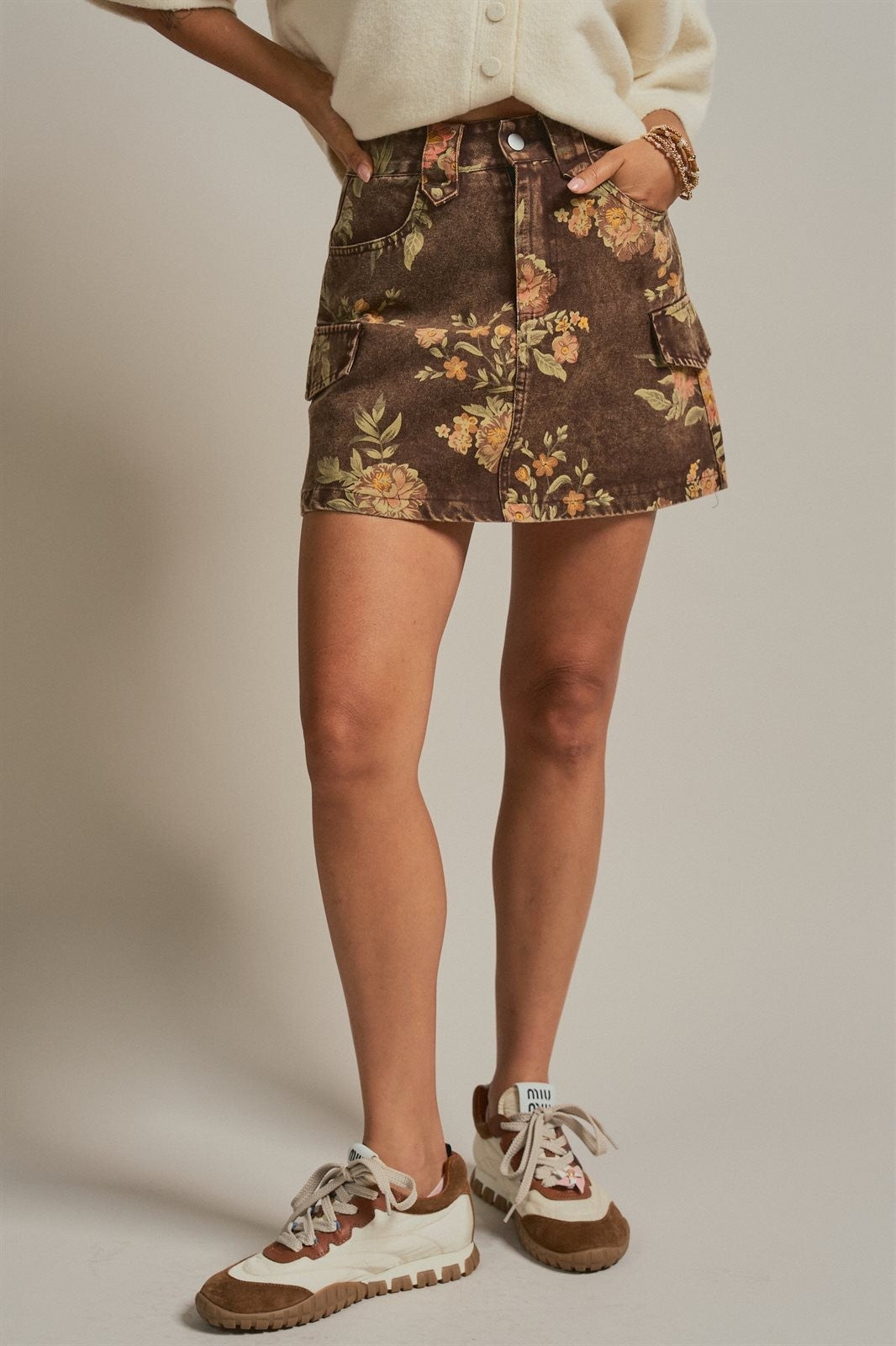 Vintage Floral Cotton Denim Cargo Mini Skirt in Brown - Women's Skirts | Urban Daizy