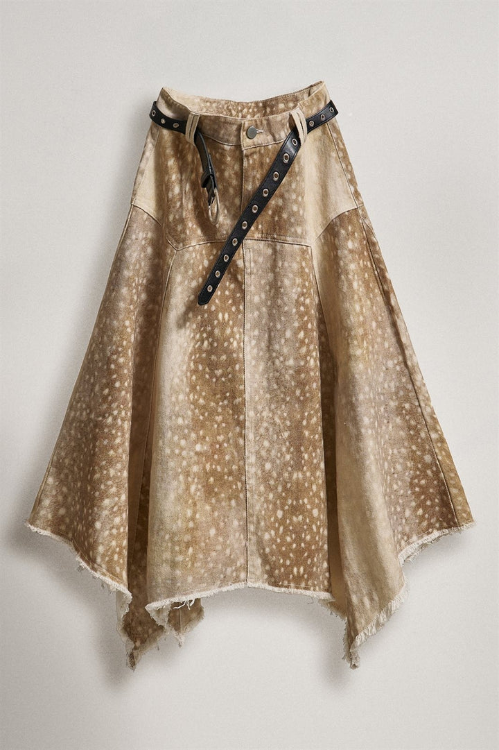 Fawn Print Denim Hi-Low Maxi Skirt With Belt in Khaki - Women's Skirts | Urban Daizy