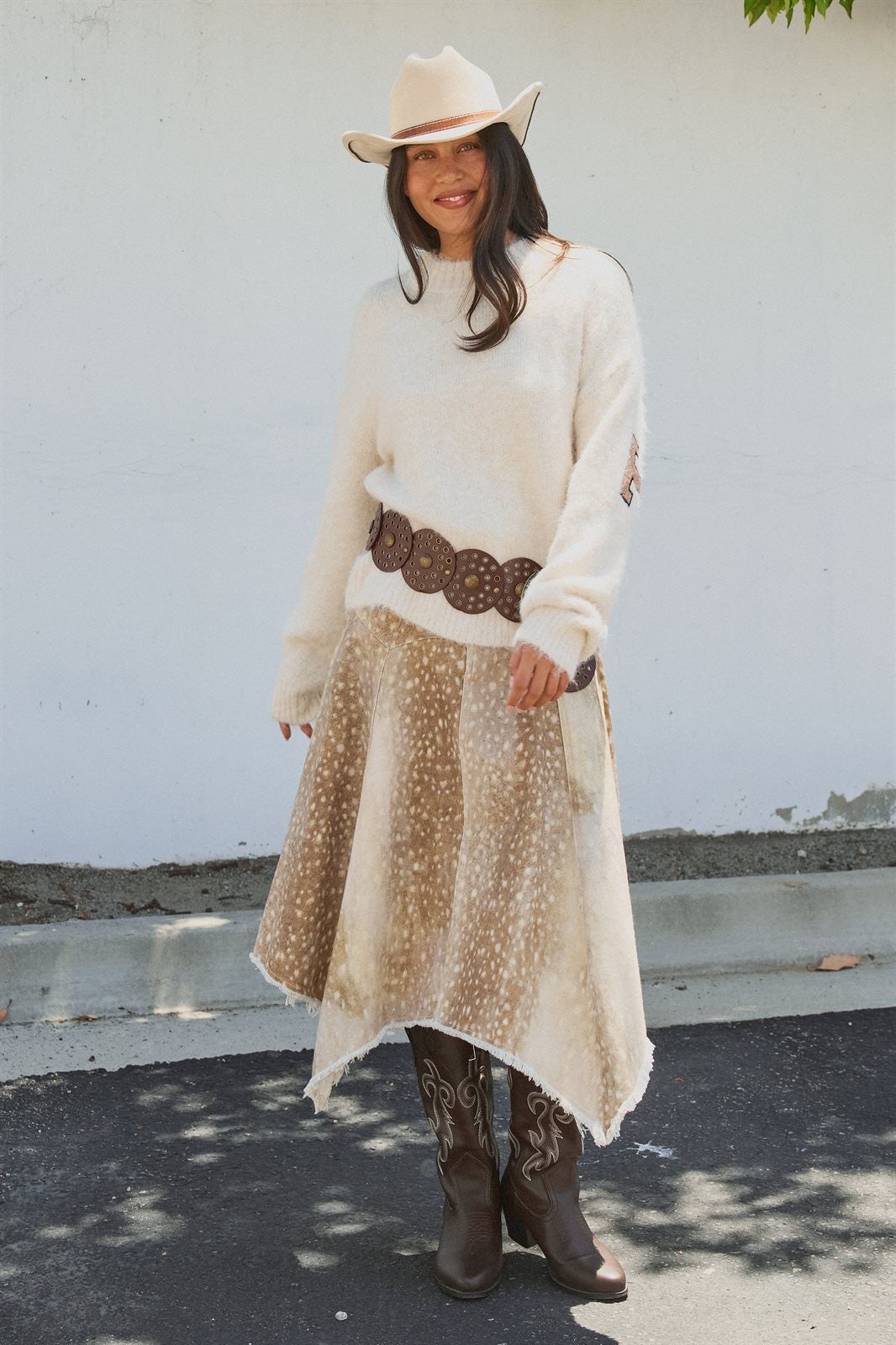 Fawn Print Denim Hi-Low Maxi Skirt With Belt in Khaki - Women's Skirts | Urban Daizy