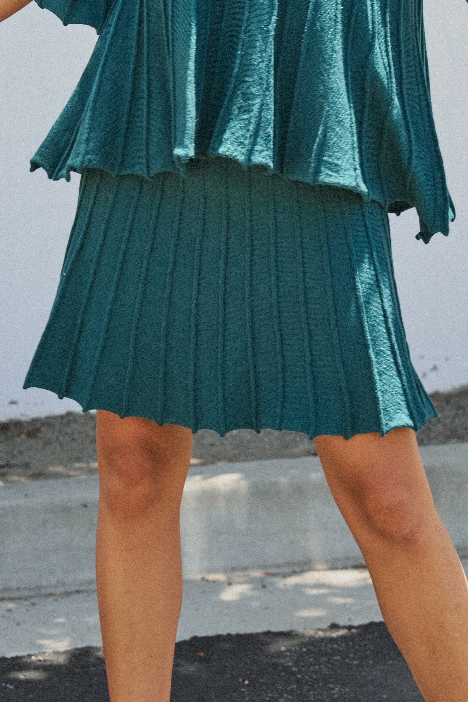 Pleated Sweater Knit Mini Skirt with Ribbed Waist in Grey - Women's Maxi Skirts | Urban Daizy