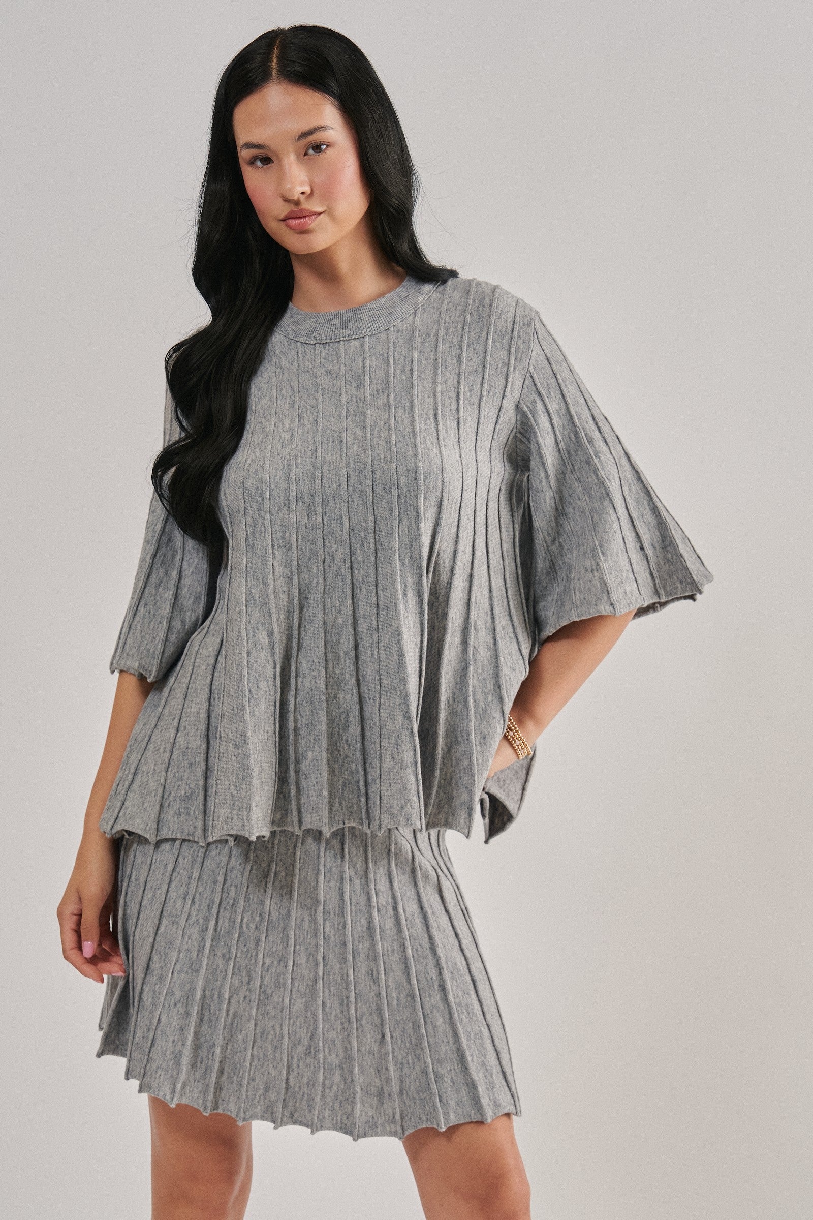 Pleated Sweater Knit Mini Skirt with Ribbed Waist in Grey - Women's Maxi Skirts | Urban Daizy