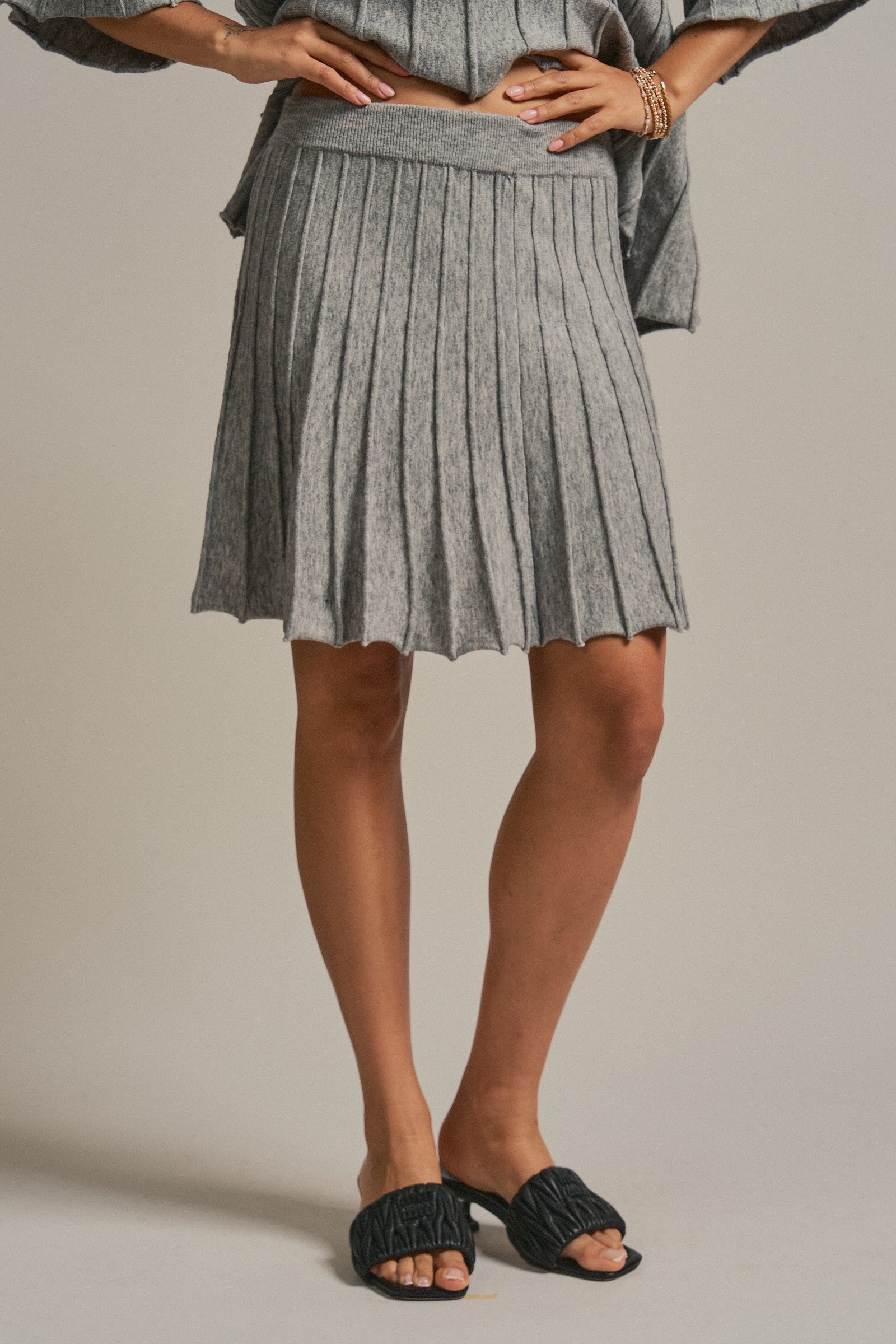 Pleated Sweater Knit Mini Skirt with Ribbed Waist in Grey - Women's Maxi Skirts | Urban Daizy