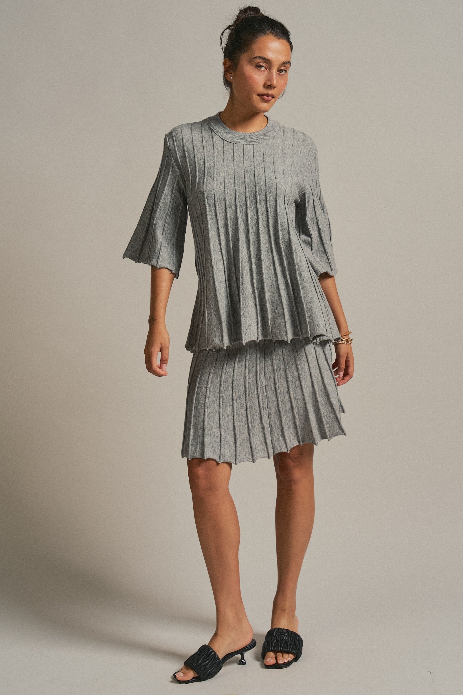 Pleated Sweater Knit Mini Skirt with Ribbed Waist in Grey - Women's Maxi Skirts | Urban Daizy