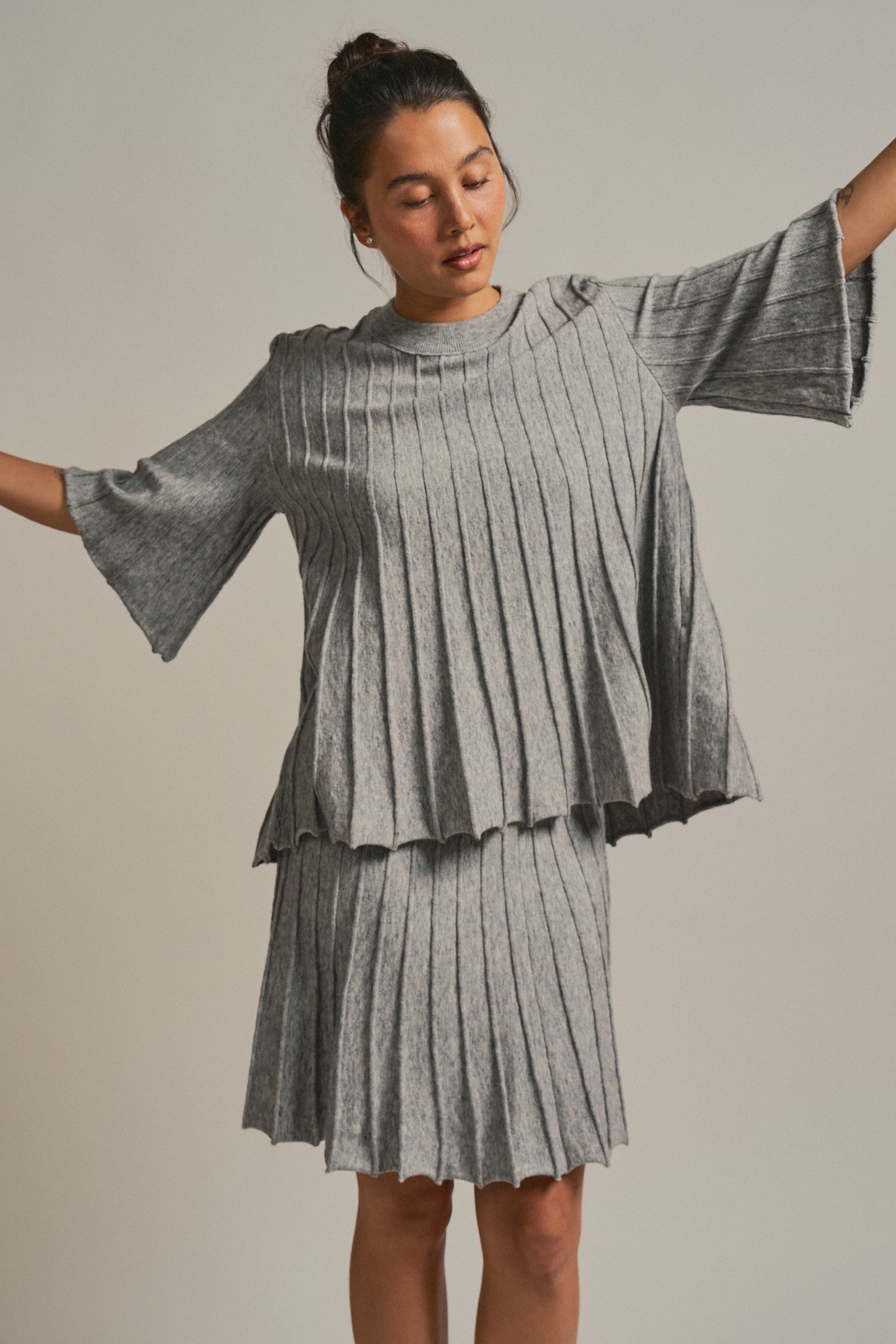 Pleated Sweater Knit Mini Skirt with Ribbed Waist in Grey - Women's Maxi Skirts | Urban Daizy