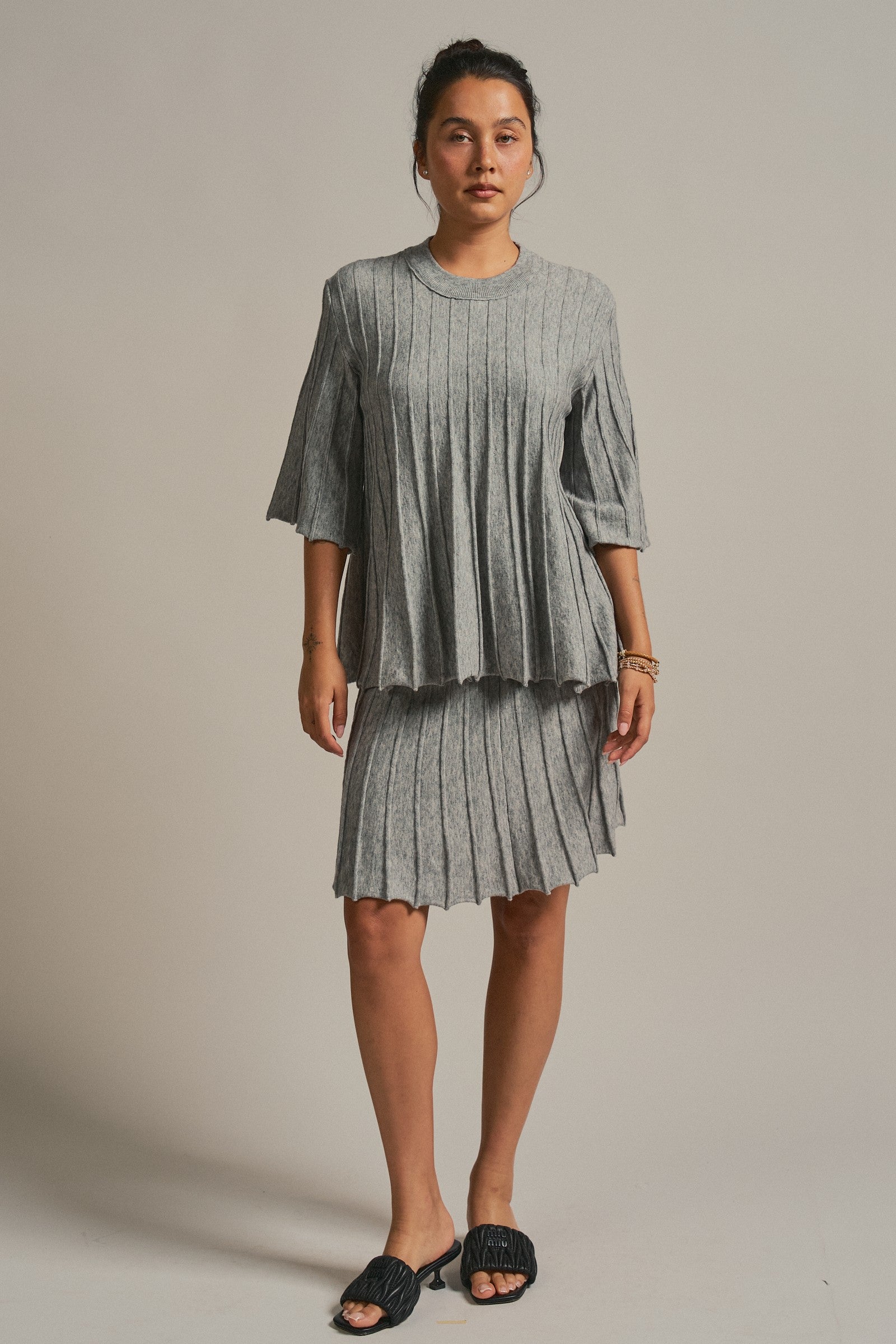 Pleated Sweater Knit Mini Skirt with Ribbed Waist in Grey - Women's Maxi Skirts | Urban Daizy