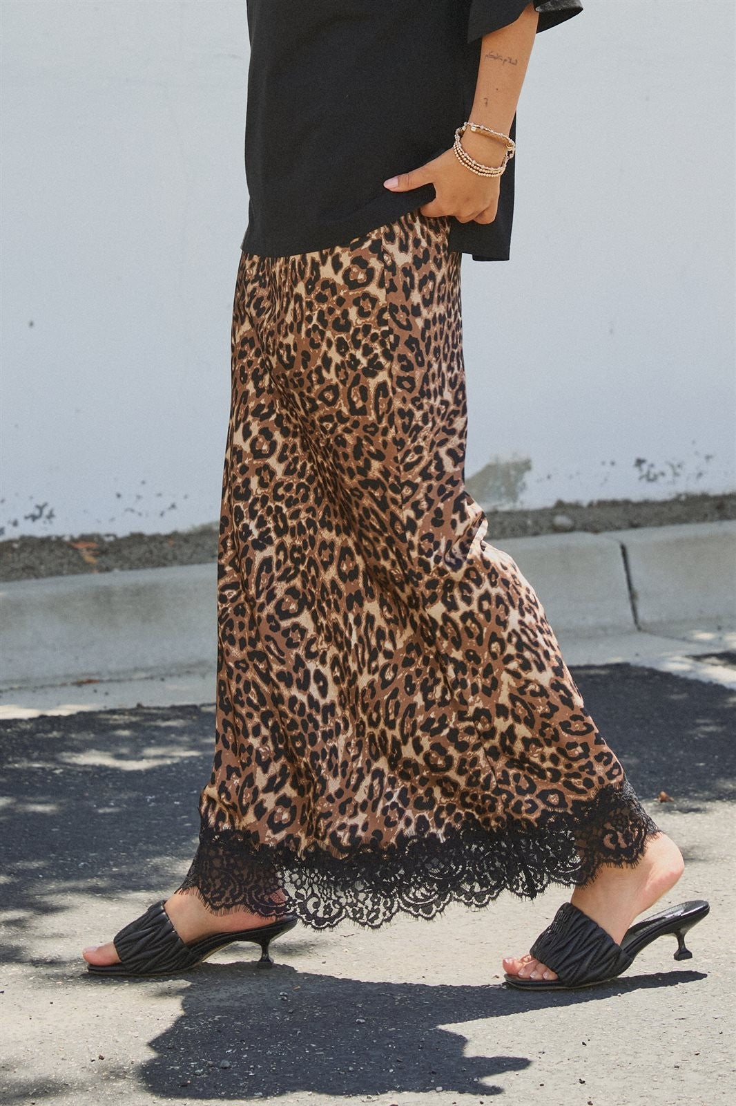Leopard Print Satin Maxi Skirt with Lace Hem in Leopard - Women's Skirts | Urban Daizy