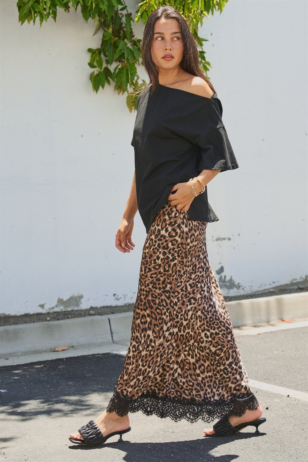 Leopard Print Satin Maxi Skirt with Lace Hem in Leopard - Women's Skirts | Urban Daizy