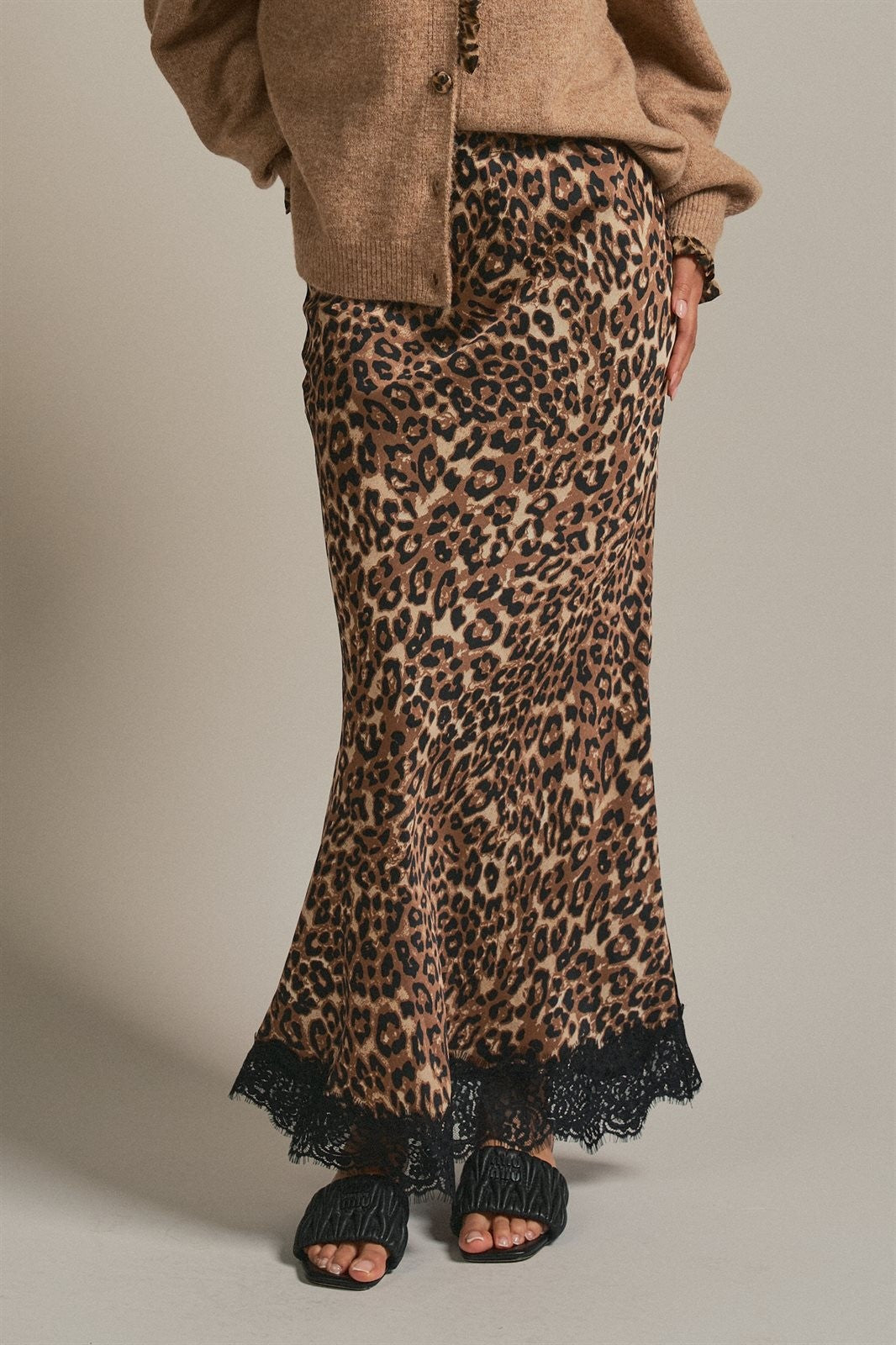 Leopard Print Satin Maxi Skirt with Lace Hem in Leopard - Women's Skirts | Urban Daizy