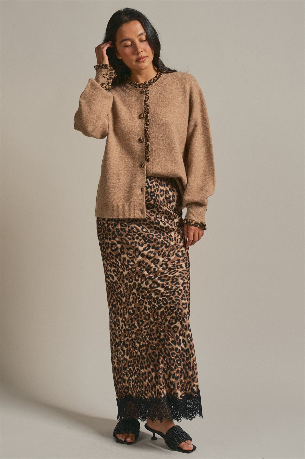 Leopard Print Satin Maxi Skirt with Lace Hem in Leopard - Women's Skirts | Urban Daizy