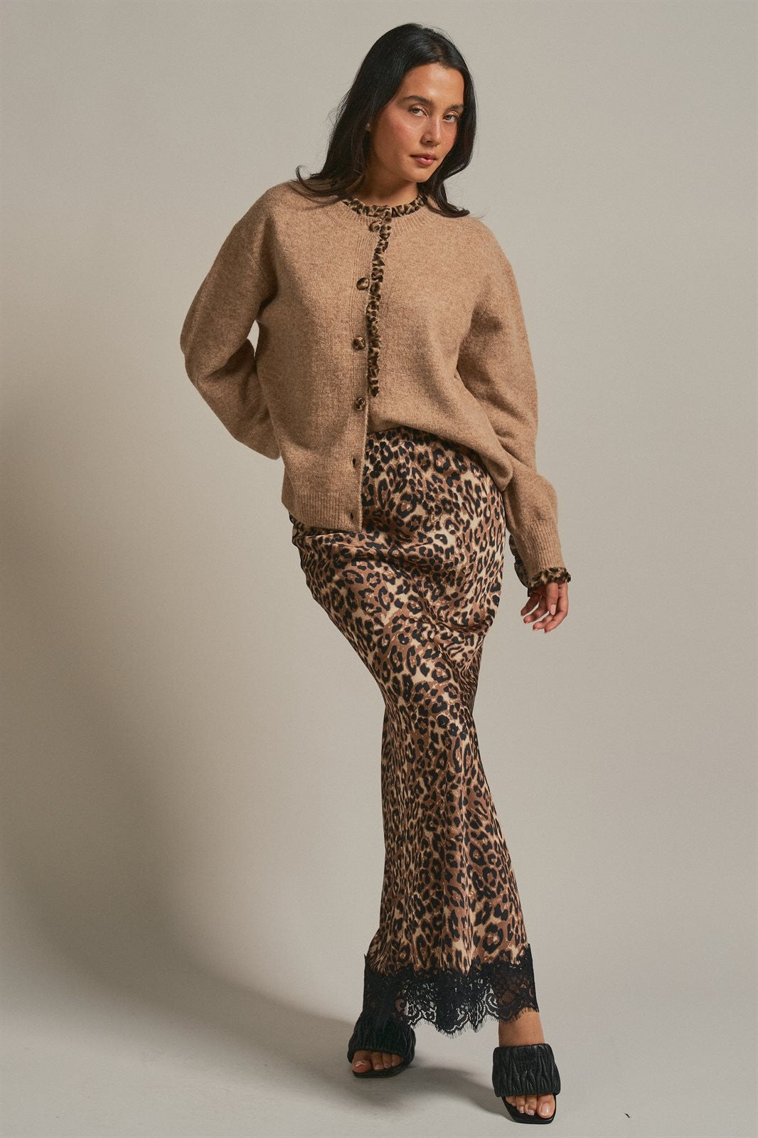 Leopard Print Satin Maxi Skirt with Lace Hem in Leopard - Women's Skirts | Urban Daizy