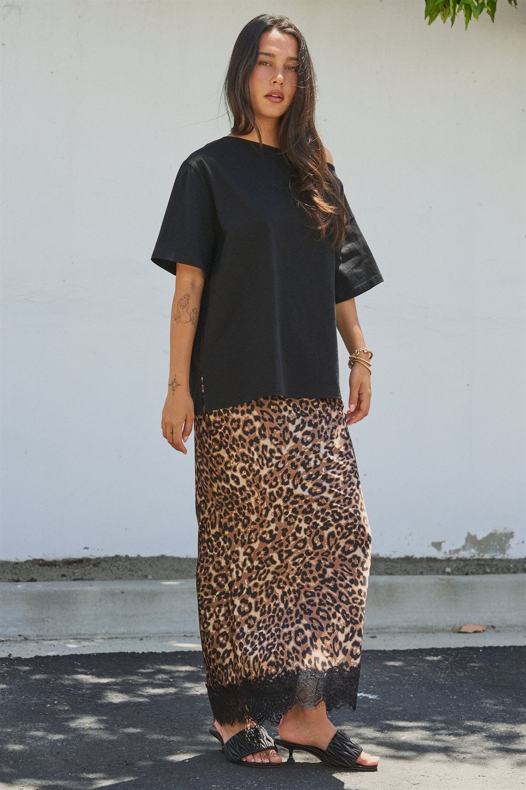 Leopard Print Satin Maxi Skirt with Lace Hem in Leopard - Women's Skirts | Urban Daizy
