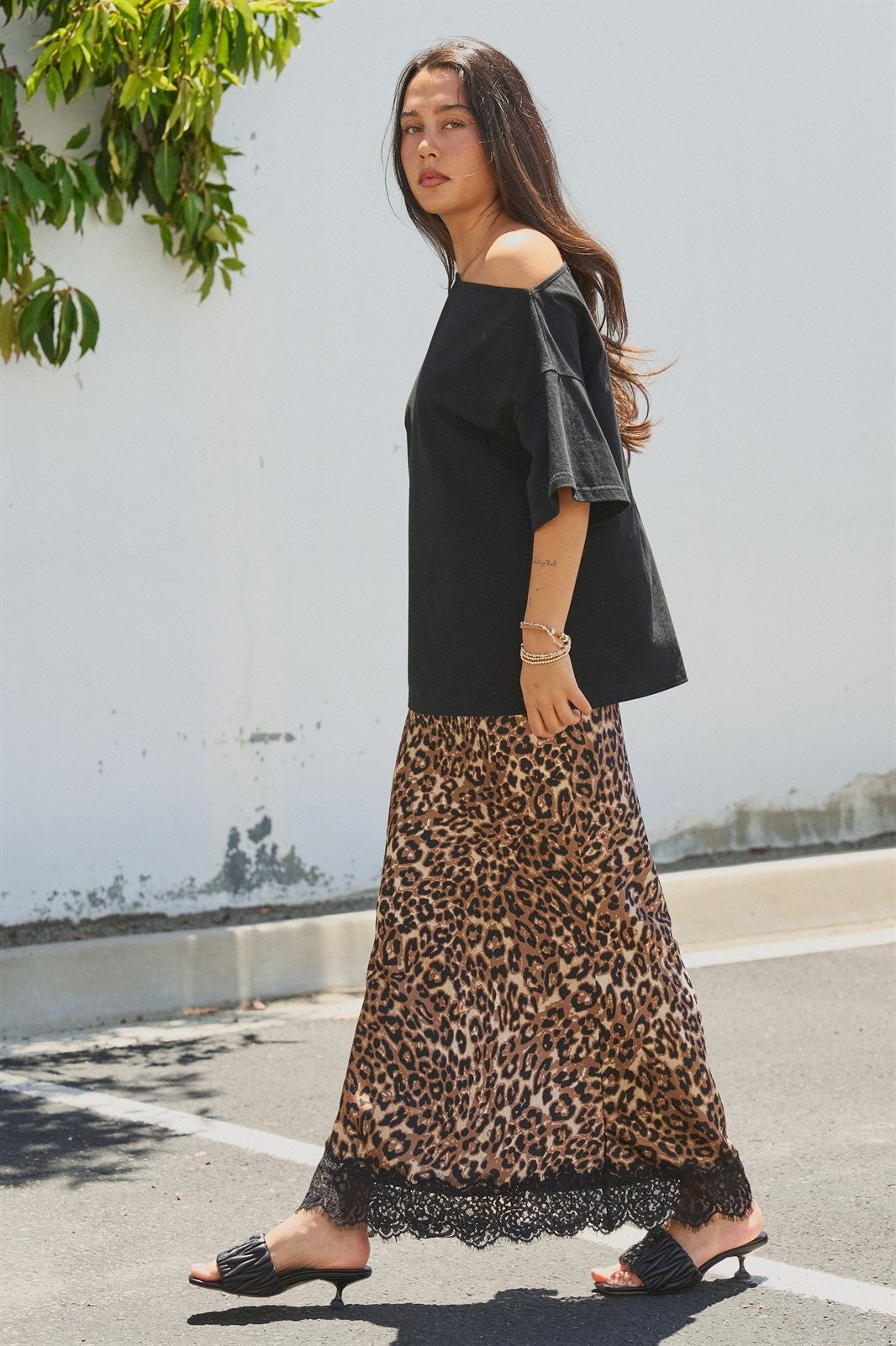 Leopard Print Satin Maxi Skirt with Lace Hem in Leopard - Women's Skirts | Urban Daizy
