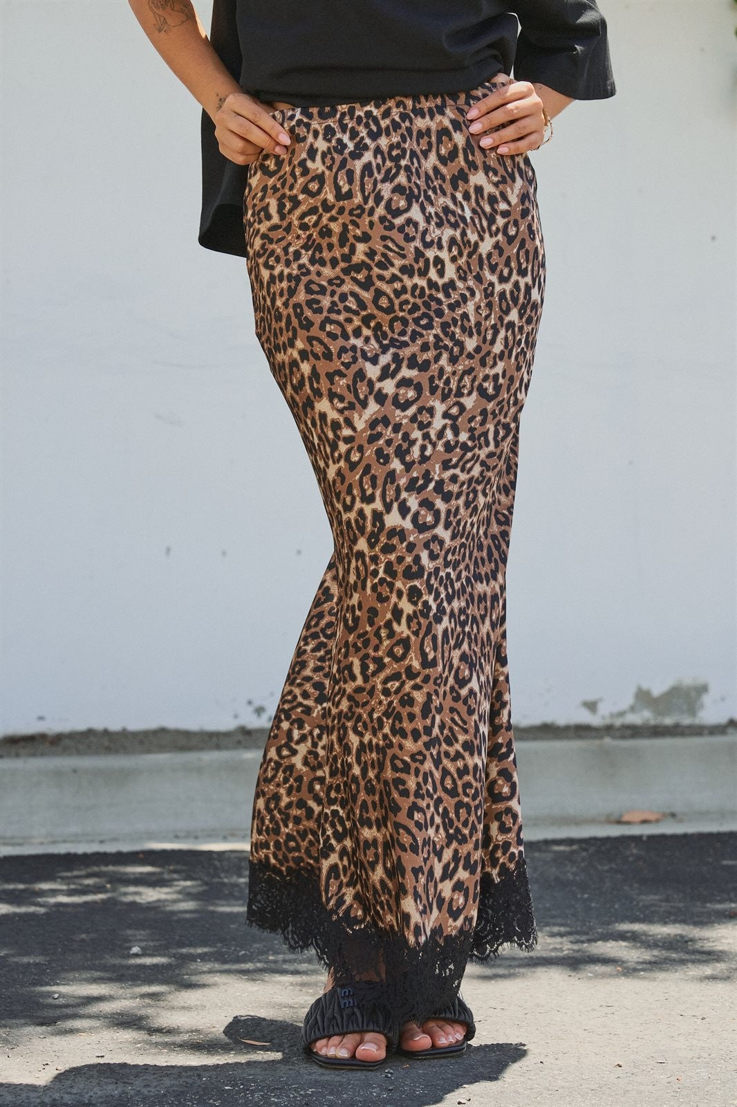 Leopard Print Satin Maxi Skirt with Lace Hem in Leopard - Women's Skirts | Urban Daizy
