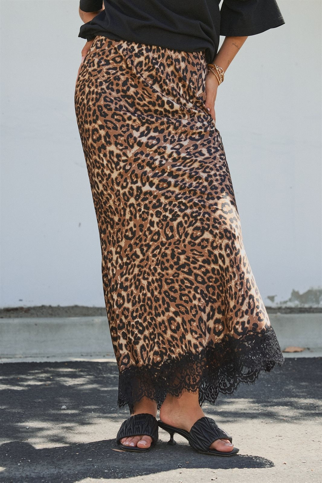 Leopard Print Satin Maxi Skirt with Lace Hem in Leopard - Women's Skirts | Urban Daizy