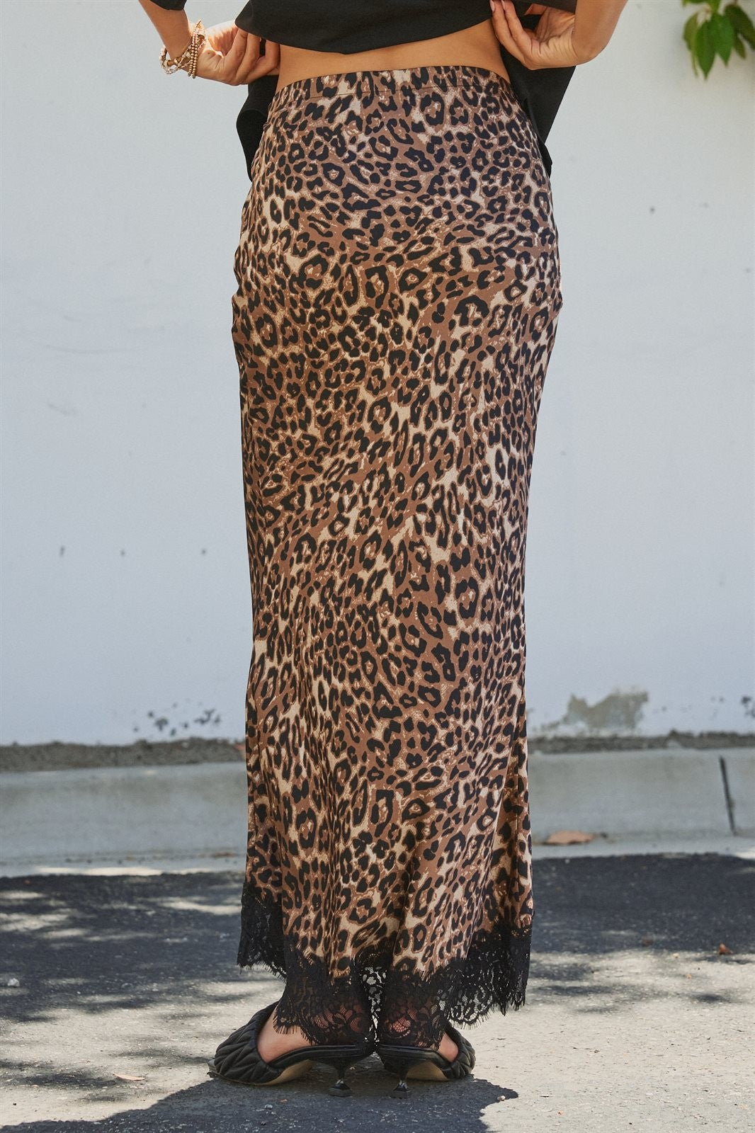 Leopard Print Satin Maxi Skirt with Lace Hem in Leopard - Women's Skirts | Urban Daizy