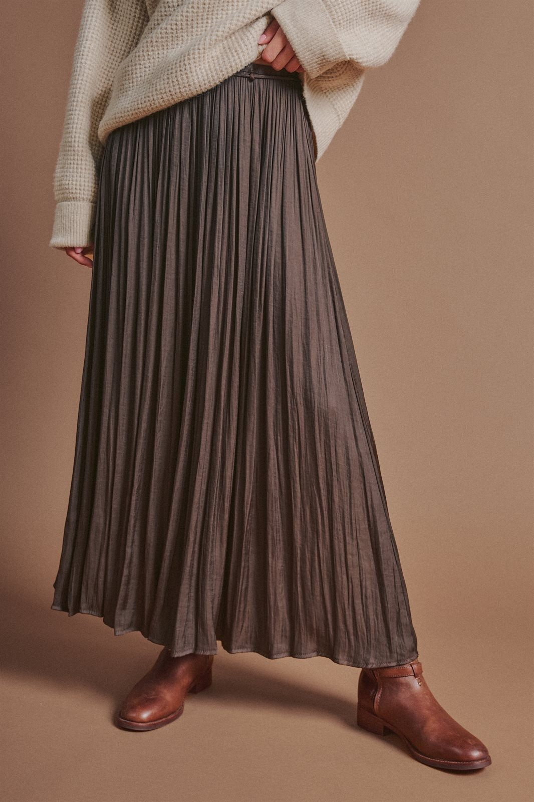 Washed Satin Crinkle Pleated Maxi Skirt in Brown - Women's Skirts | Urban Daizy