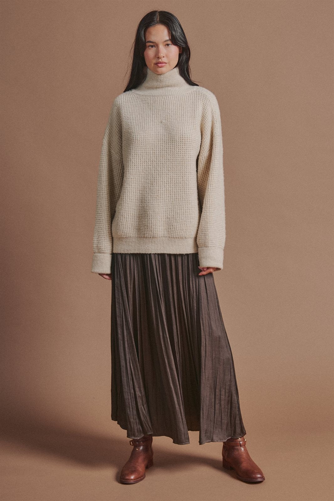 Washed Satin Crinkle Pleated Maxi Skirt in Brown - Women's Skirts | Urban Daizy