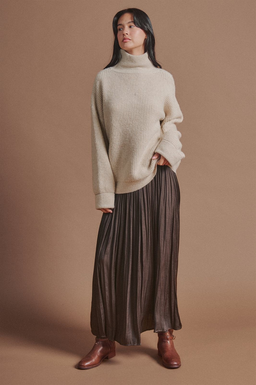 Washed Satin Crinkle Pleated Maxi Skirt in Brown - Women's Skirts | Urban Daizy