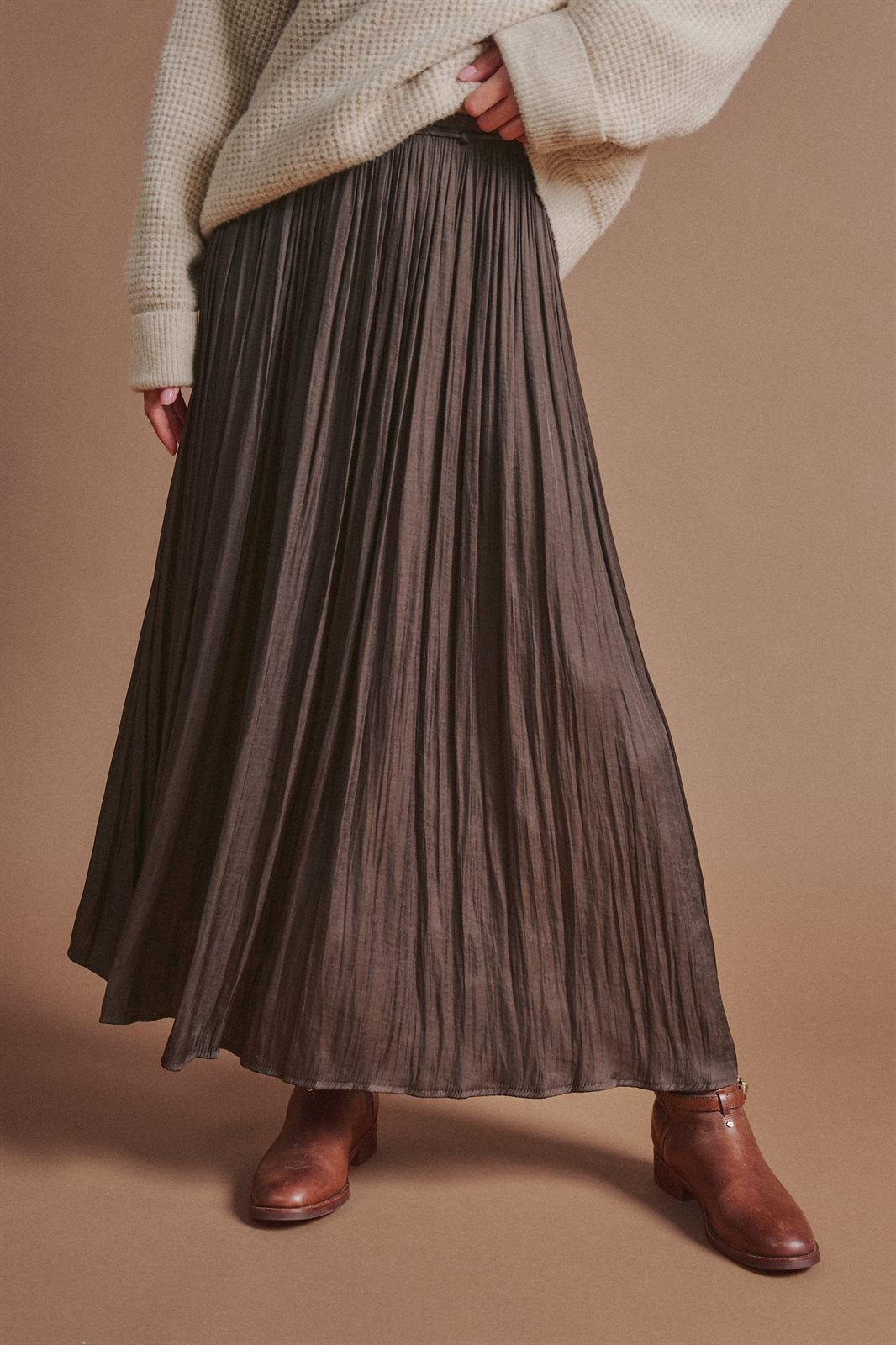Washed Satin Crinkle Pleated Maxi Skirt in Brown - Women's Skirts | Urban Daizy