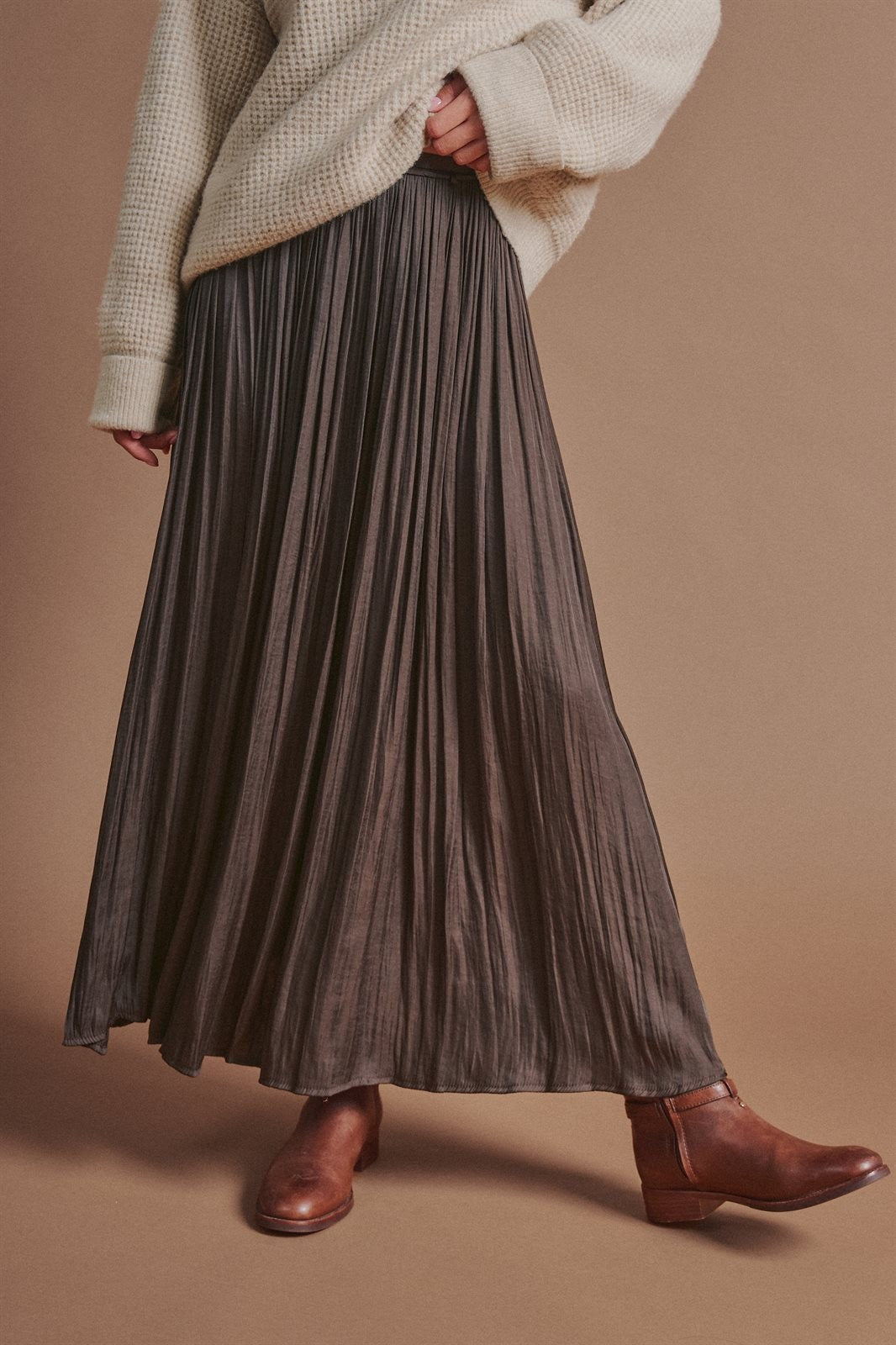 Washed Satin Crinkle Pleated Maxi Skirt in Brown - Women's Skirts | Urban Daizy
