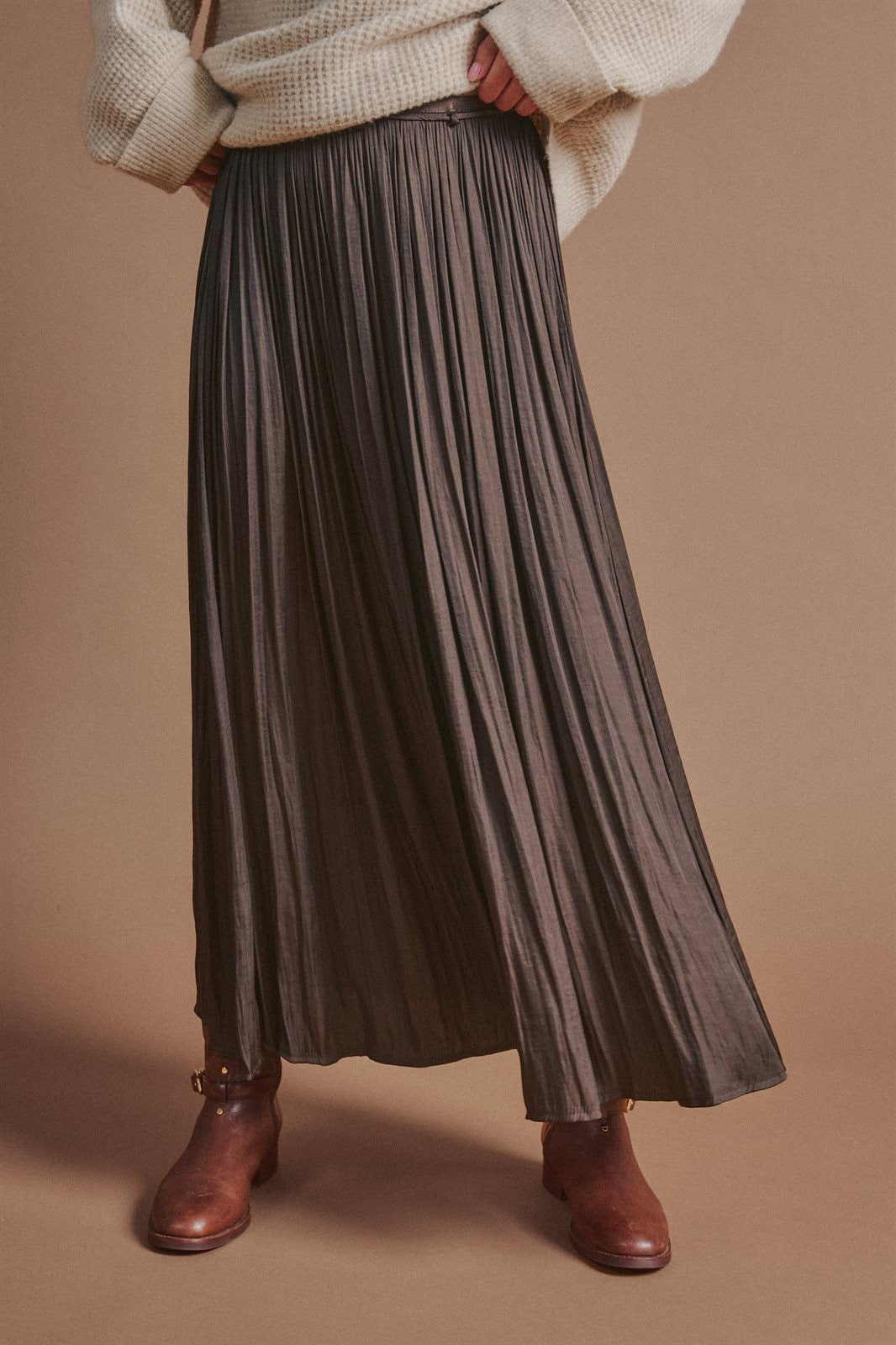 Washed Satin Crinkle Pleated Maxi Skirt in Brown - Women's Skirts | Urban Daizy
