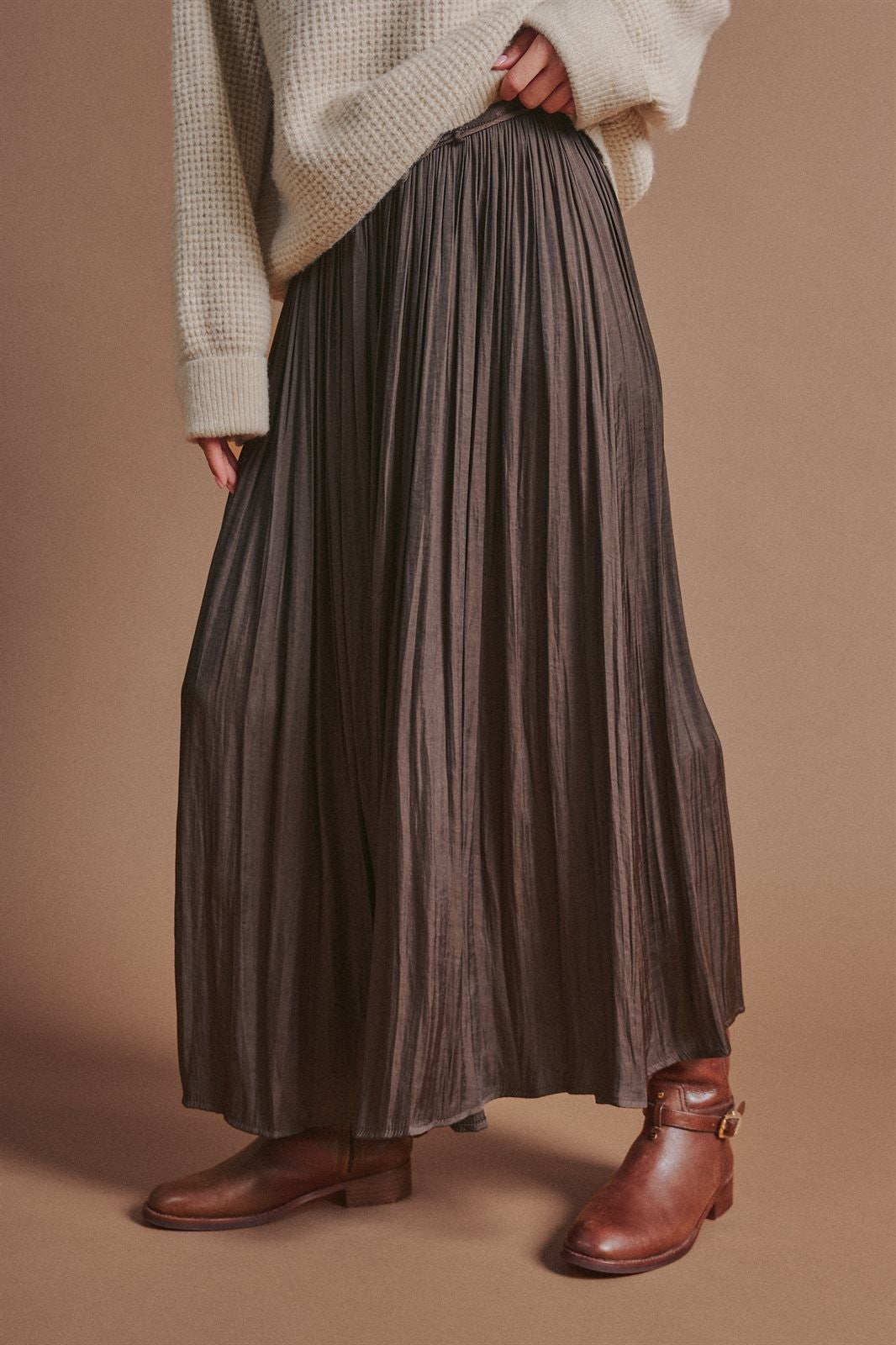 Washed Satin Crinkle Pleated Maxi Skirt in Brown - Women's Skirts | Urban Daizy